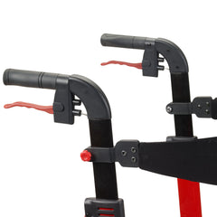 Drive Medical Nitro Rollator Red — close-up of push-button adjustable handle height and ergonomic grip for seniors and adults