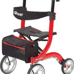 Drive Medical Nitro 4-Wheel Rollator in Red with padded seat, storage pouch, and locking hand brakes — front-angle product view