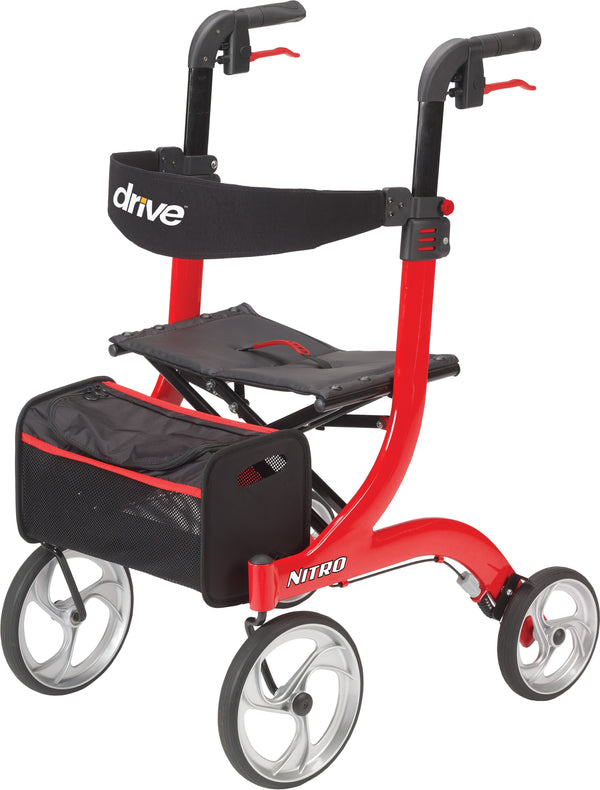 Drive Medical Nitro 4-Wheel Rollator in Red with padded seat, storage pouch, and locking hand brakes — front-angle product view