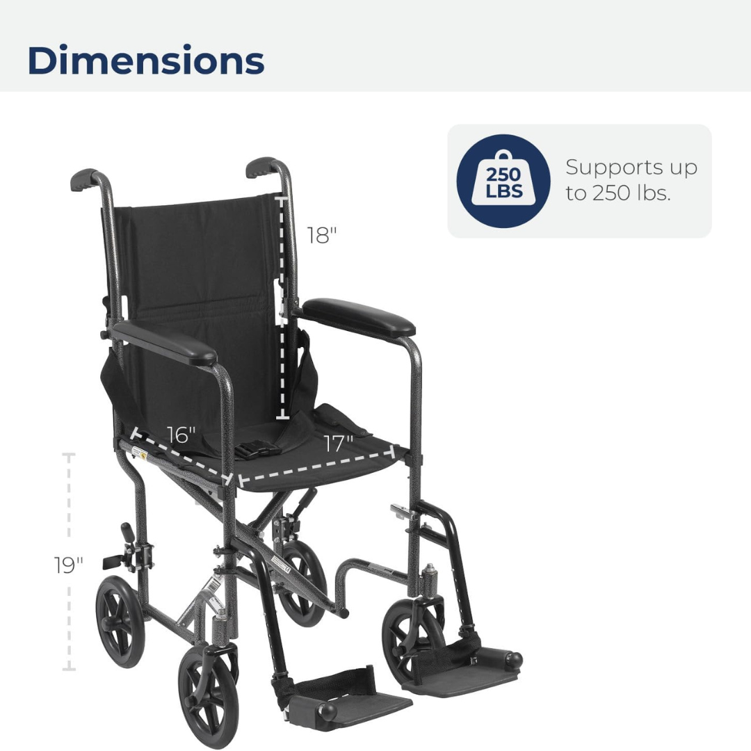 Transport Chair drive 17 Inch Seat Width Full Length Arm Swing Away Footrest Steel Frame with Silver Vein Finish