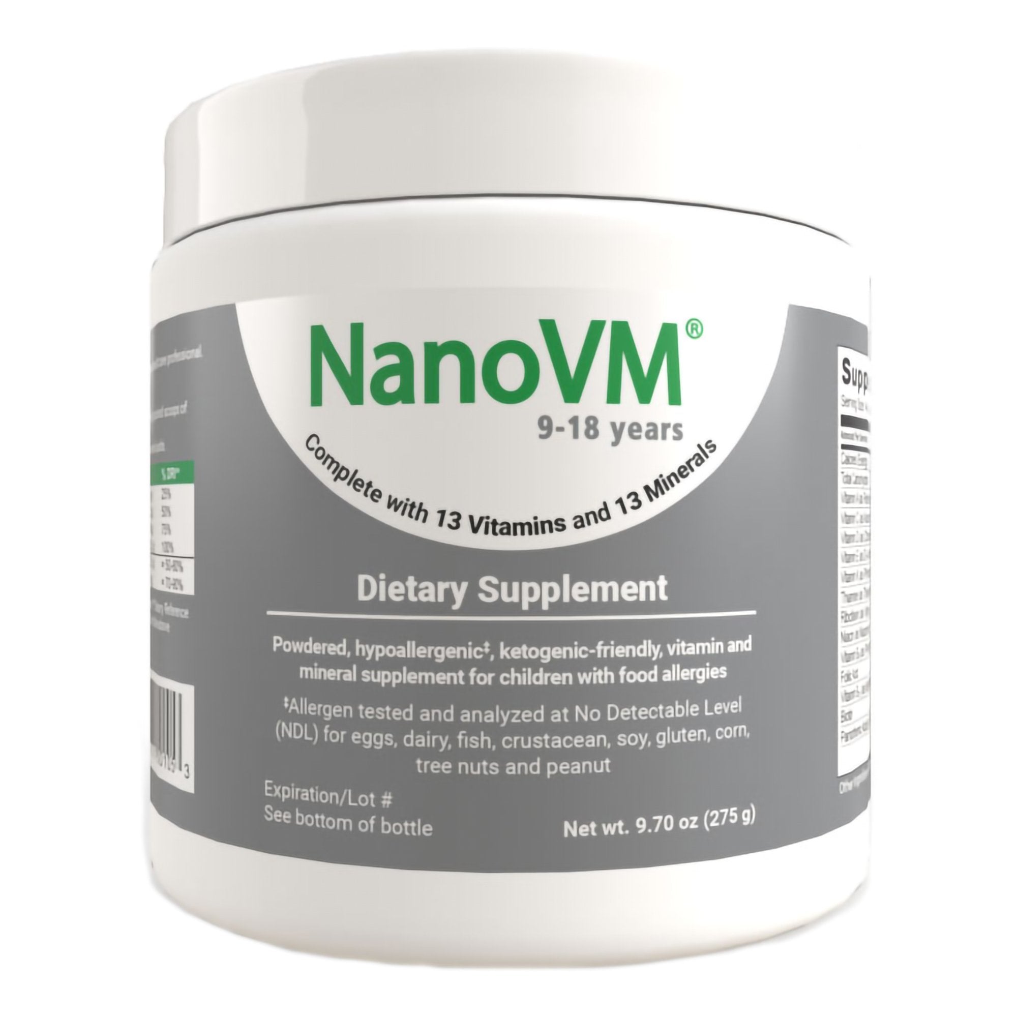Pediatric Oral Supplement NanoVM 9 - 18 Years Unflavored 275 Gram Jar Powder Vitamins / Minerals Food Allergies