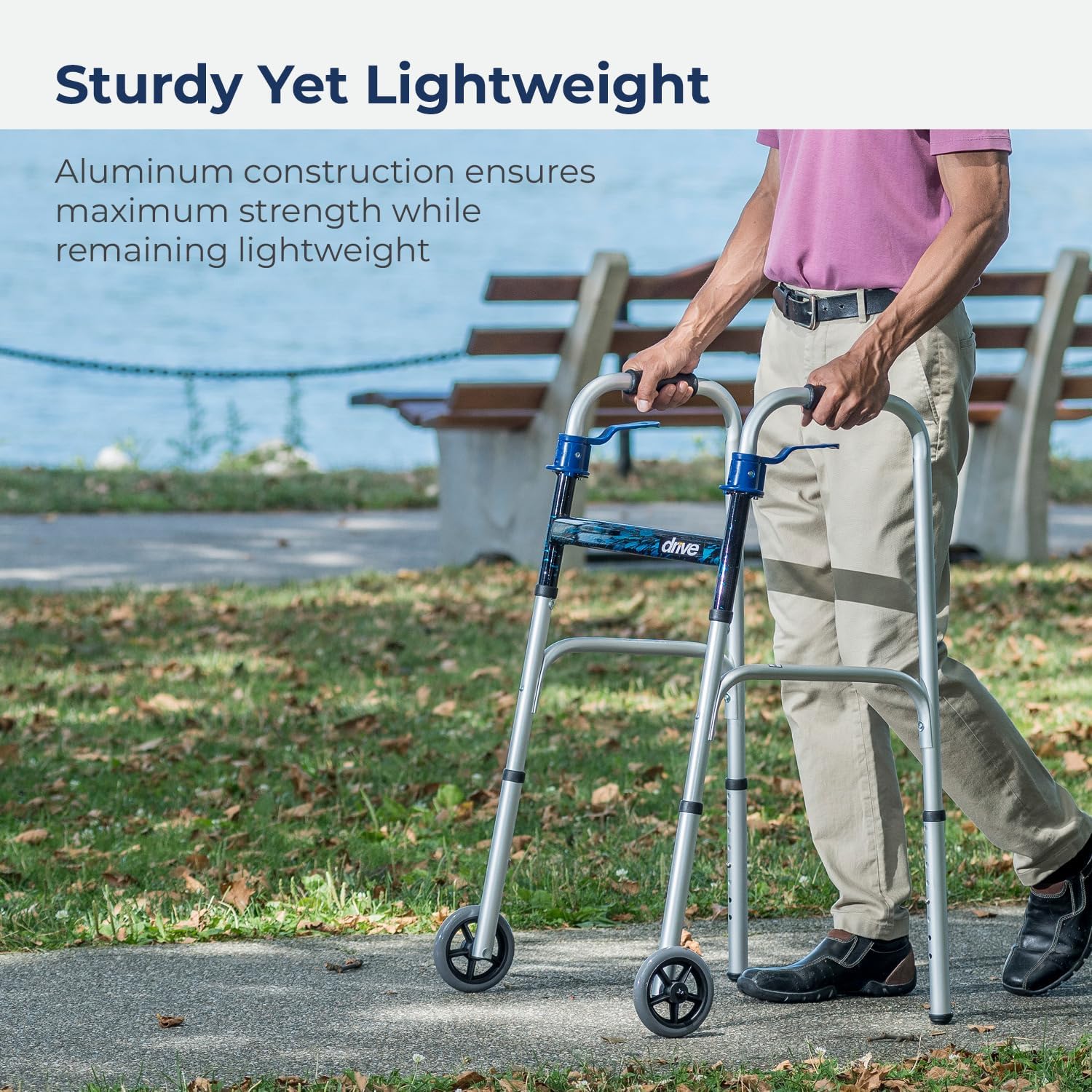 dual release folding walker adjustable height drive™ aluminum frame 350 lbs weight capacity 32 to 39 inch height