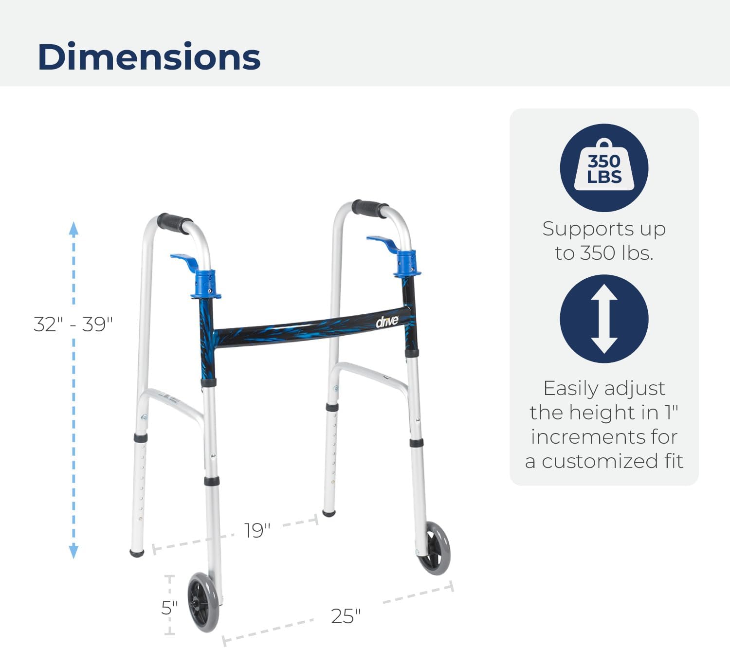 dual release folding walker adjustable height drive™ aluminum frame 350 lbs weight capacity 32 to 39 inch height