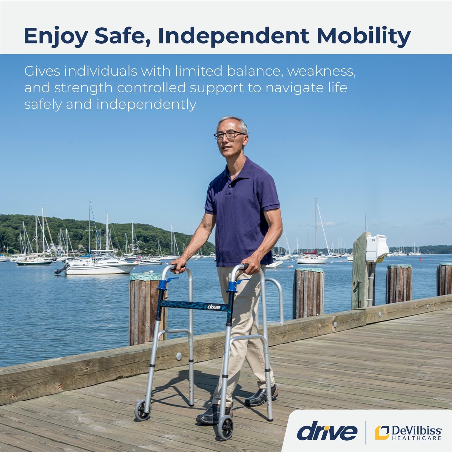dual release folding walker adjustable height drive™ aluminum frame 350 lbs weight capacity 32 to 39 inch height