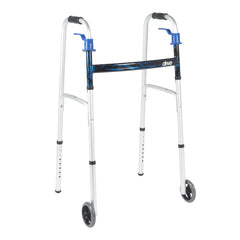 Dual Trigger Release Folding Walker with Wheels Adjustable Height drive Aluminum Frame 350 lbs. Weight Capacity 32 to 39 Inch Height