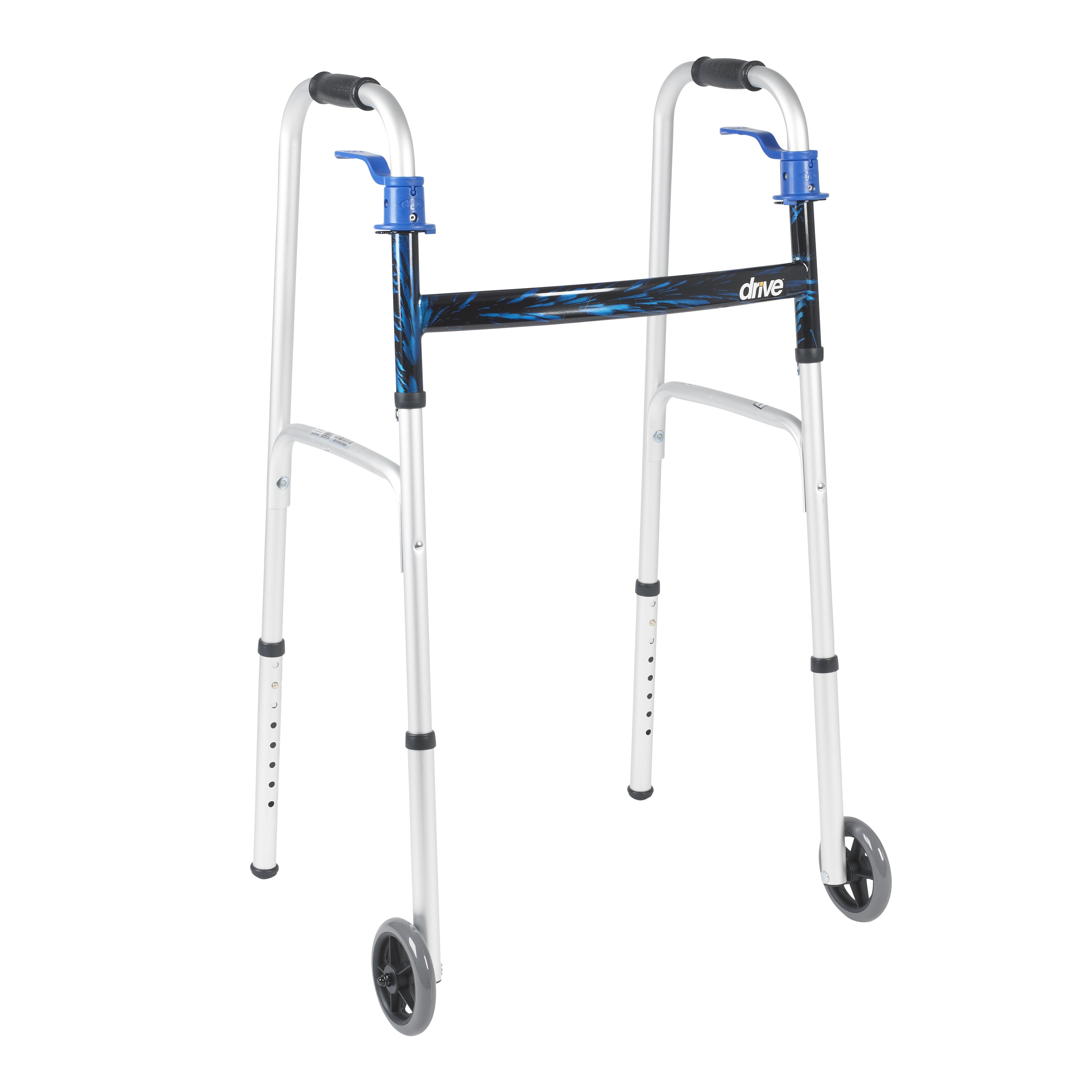 Dual Trigger Release Folding Walker with Wheels Adjustable Height drive Aluminum Frame 350 lbs. Weight Capacity 32 to 39 Inch Height
