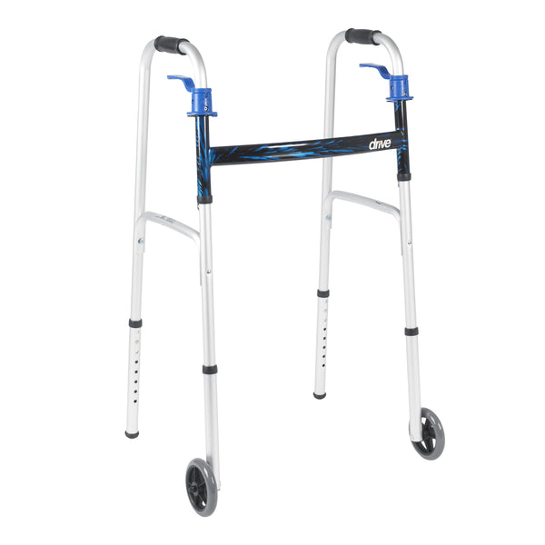 Dual Trigger Release Folding Walker with Wheels Adjustable Height drive Aluminum Frame 350 lbs. Weight Capacity 32 to 39 Inch Height