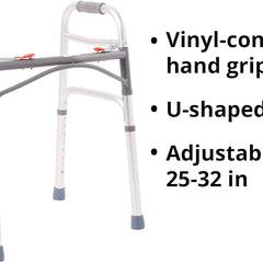 dual release folding walker adjustable height mckesson aluminum frame 350 lbs weight capacity 25 to 32 inch height packaging type case