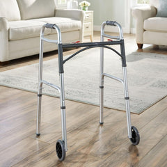 dual release folding walker with wheels adjustable height mckesson steel frame