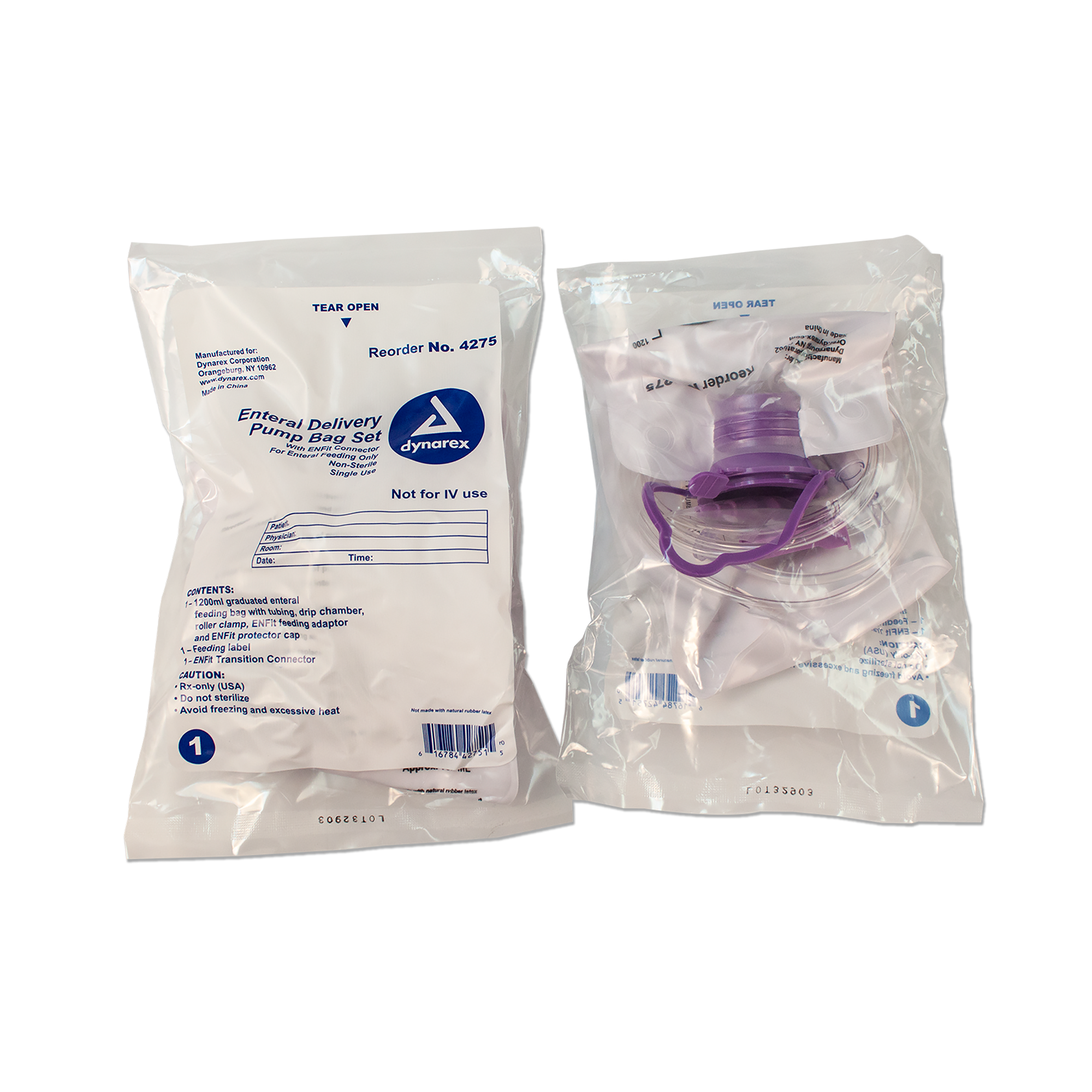 dynarex enteral delivery pump bag set w enfit connector pack type 30 box per case