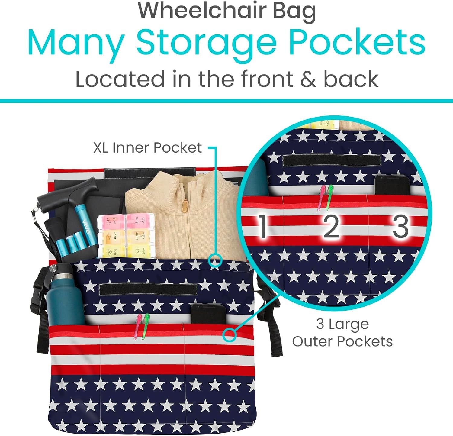 XL Wheelchair Bag - Waterproof, Scratch-Resistant, Double-Stitched, Machine Washable Accessory for Adults, Seniors, 15 Colors - Storage Walker Backpack to Hang on Back of Wheel Chair