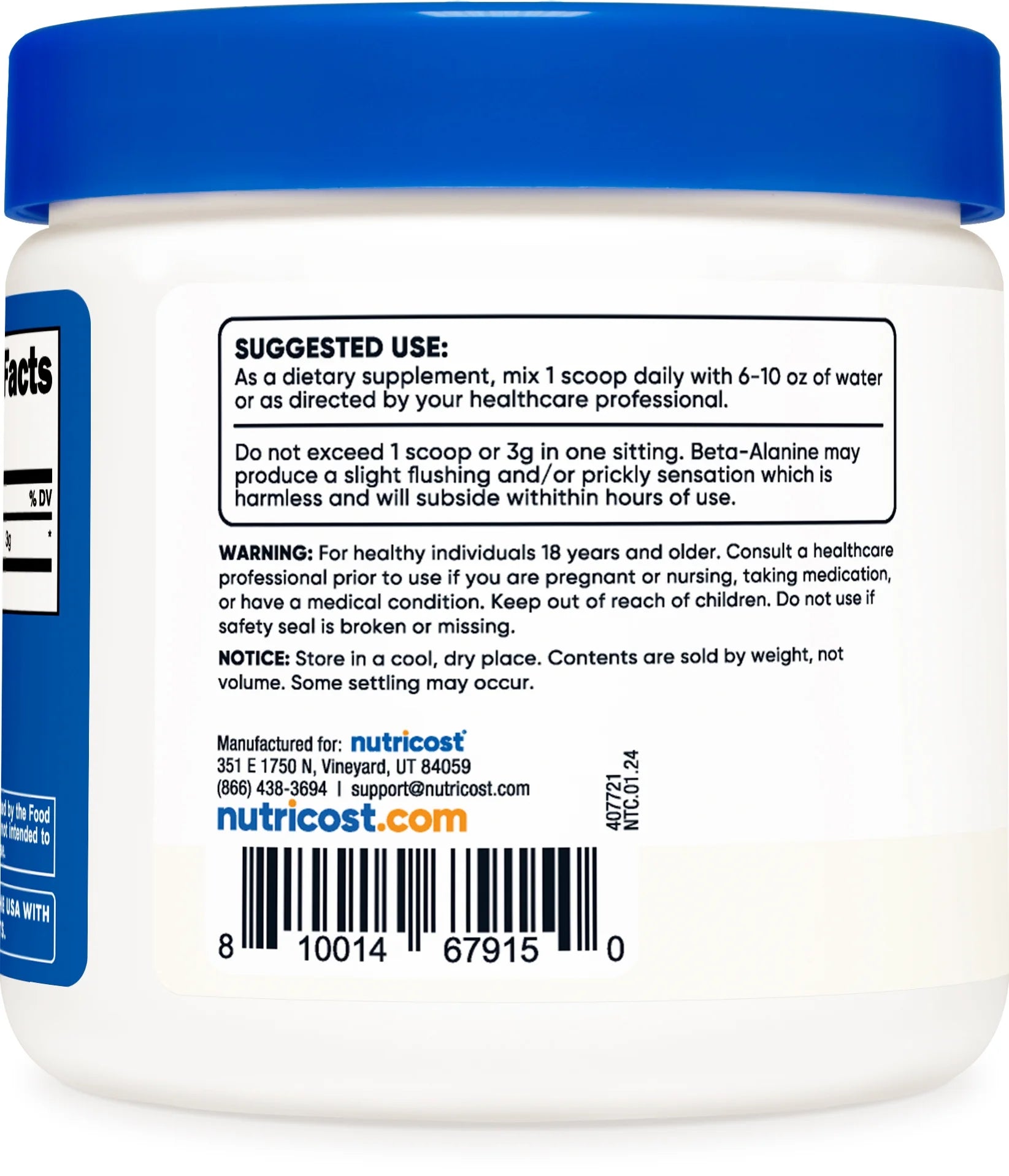 Beta Alanine Powder 300 Grams, 100 Servings - Gluten Free & Non-Gmo Supplement