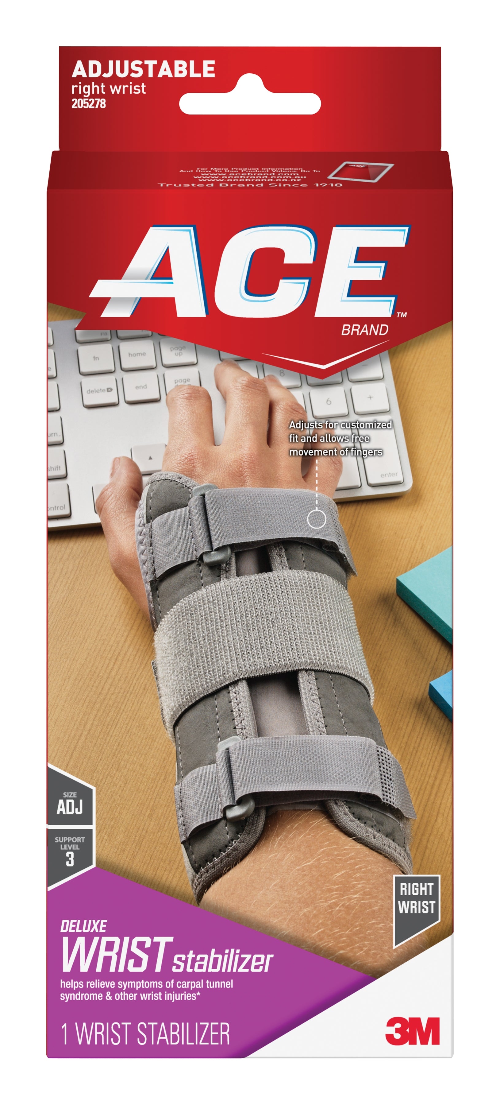 Wrist Brace 3M Ace Aluminum / Nylon / Polyester / Polypropylene / Polyurethane / Spandex Right Hand Gray One Size Fits Most