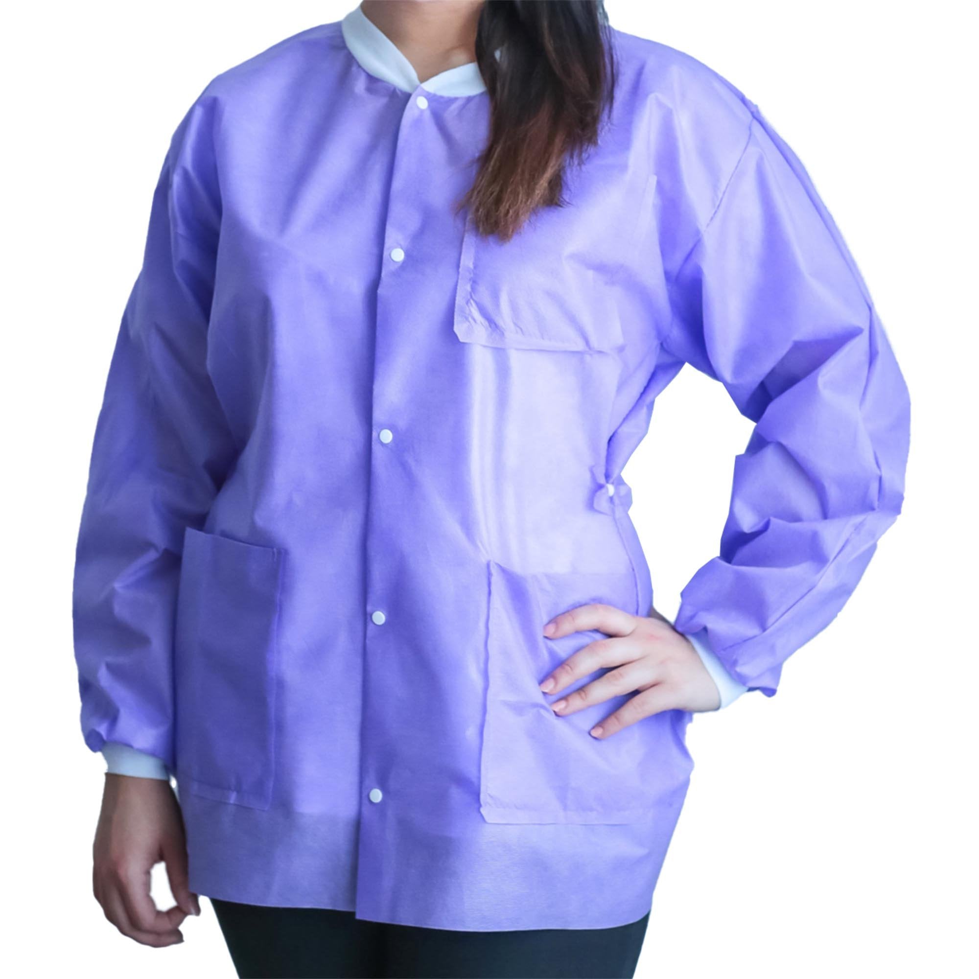 Lab Jacket FitMe Purple Medium Hip Length 3-Layer SMS Disposable, Packaging Type- Case