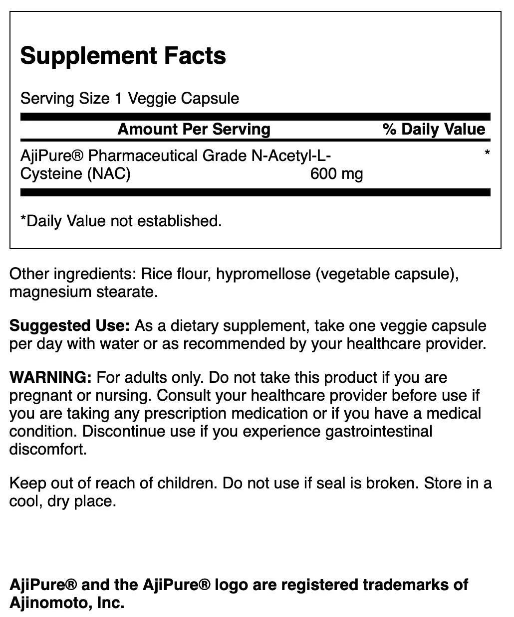 N-Acetyl L-Cysteine - Featuring Ajipure 600 Mg 60 Veggie Capsules