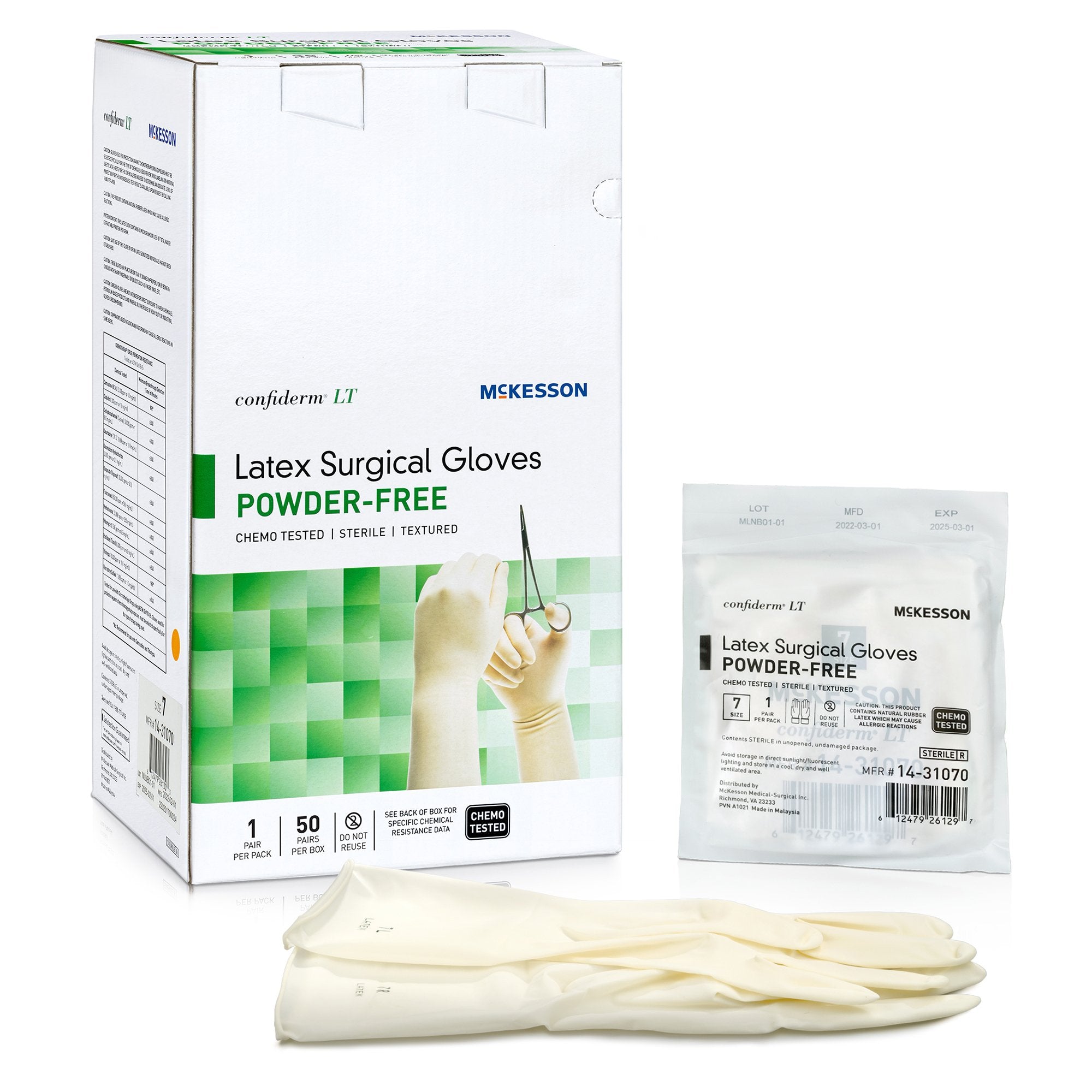 Surgical Glove Confiderm® LT Size 7 Sterile Latex Standard Cuff Length Fully Textured Ivory Chemo Tested