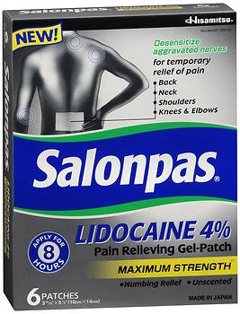 Topical Pain Relief Salonpas 4% Strength Lidocaine Patch 6 per Box