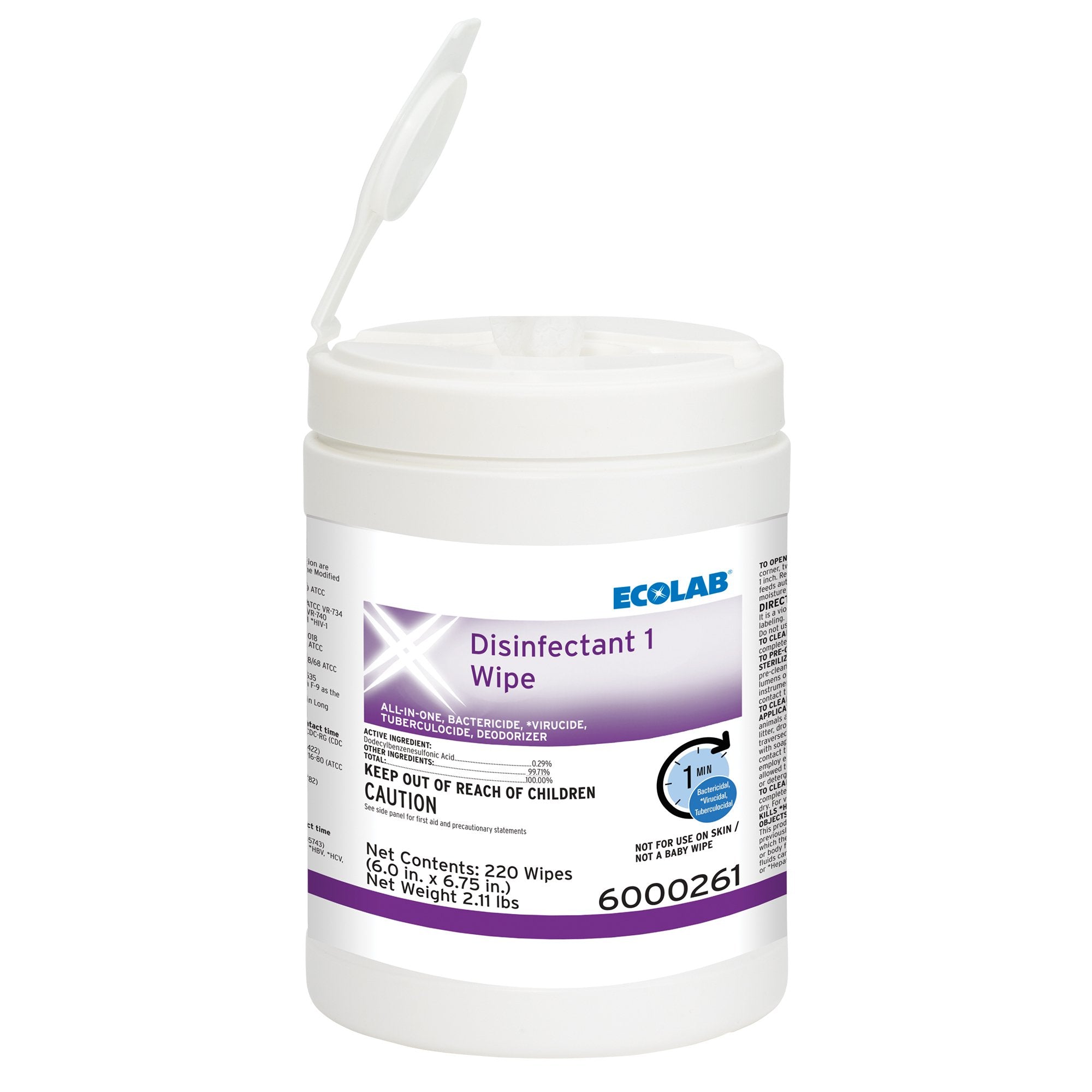 Ecolab Disinfectant 1 Surface Disinfectant Cleaner Bactericidal Manual Pull Wipe 220 Count Canister Sweet Scent NonSterile