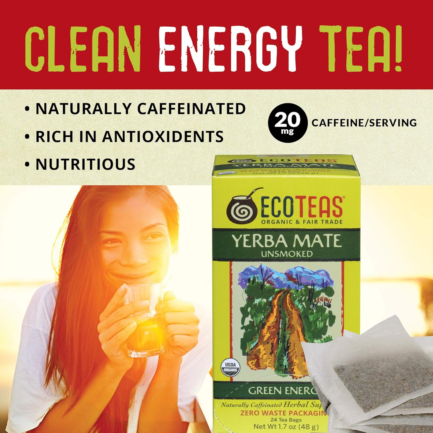 ecoteas organic yerba mate unsmoked green energy loose tea case of 6 1 lb