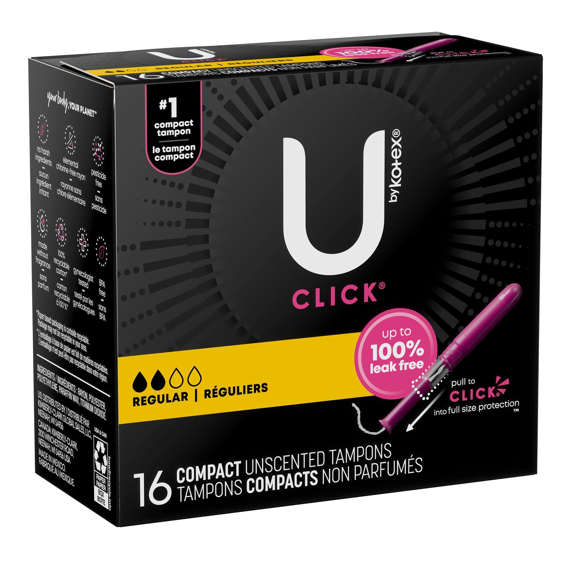 Tampon U by Kotex® Click® Regular Absorbency Plastic Applicator Individually Wrapped