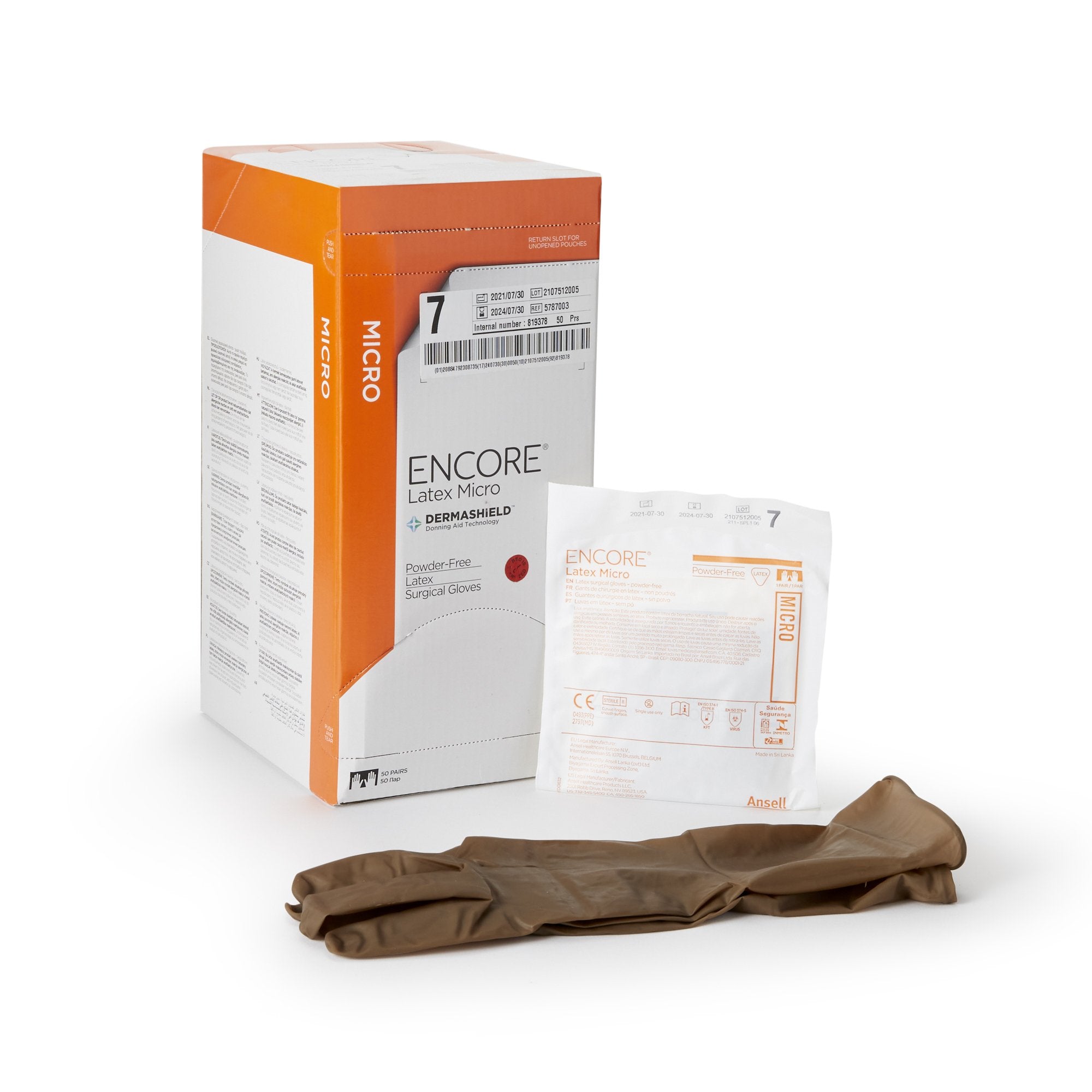 Surgical Glove ENCORE Latex Micro Size 7 Sterile Latex Standard Cuff Length Micro Textured Brown Chemo Tested
