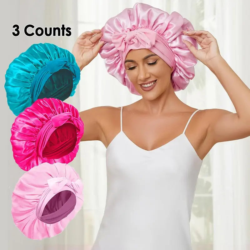 Summer Satin Bonnet, 3 Counts/Set Solid Color Silk Bonnet, Satin Silk Hair Care Caps for Women with Tie Band, Beauty & Personal Hair Care Heatless Styling Tools for Women, Hair Products, Hair Accessories