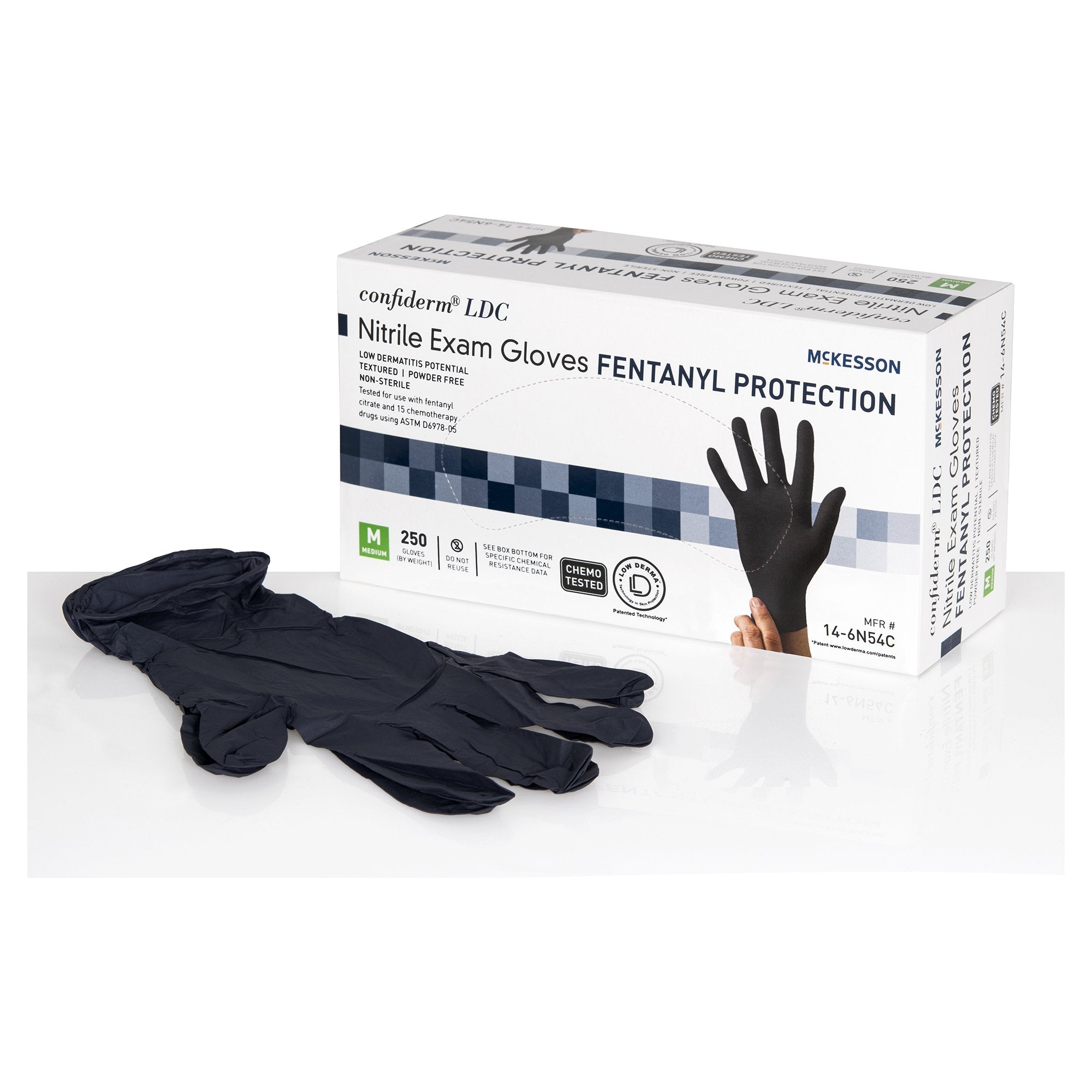 Exam Glove McKesson Confiderm® LDC Medium NonSterile Nitrile Standard Cuff Length Fully Textured Black Chemo Tested / Fentanyl Tested