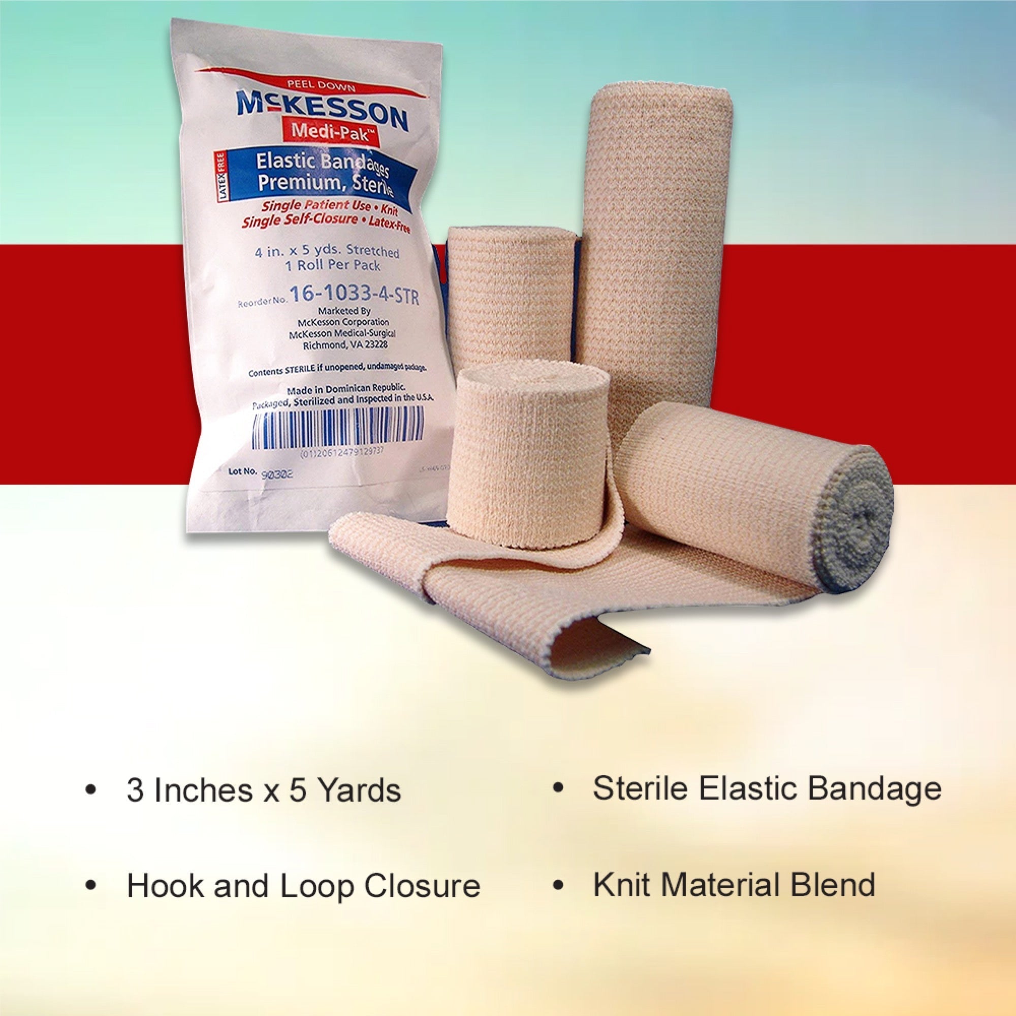 elastic bandage mckesson 3 inch x 5 yard single hook and loop closure tan sterile standard compression