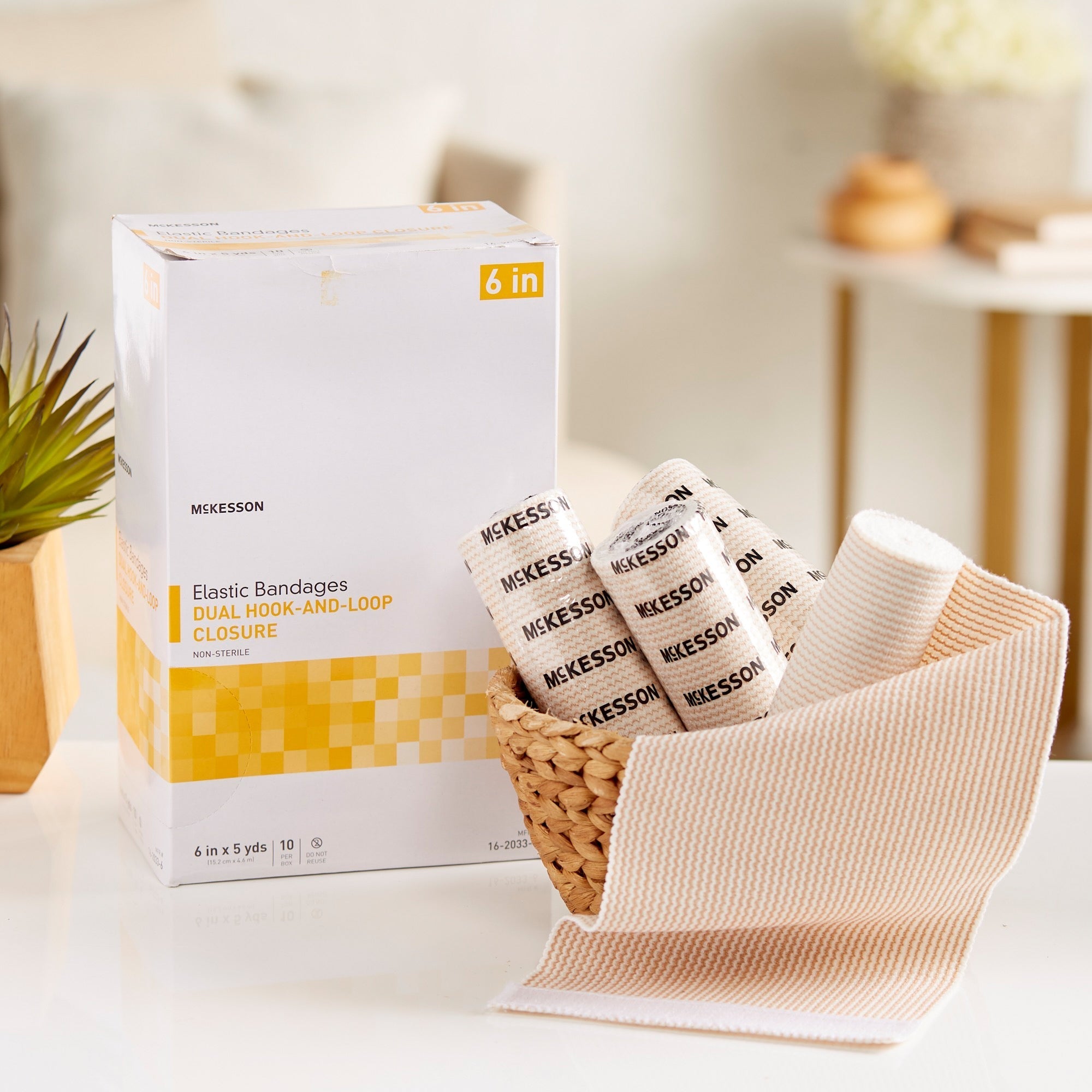 elastic bandage mckesson 6 inch x 5 yard double hook and loop closure tan nonsterile standard compression packaging type box