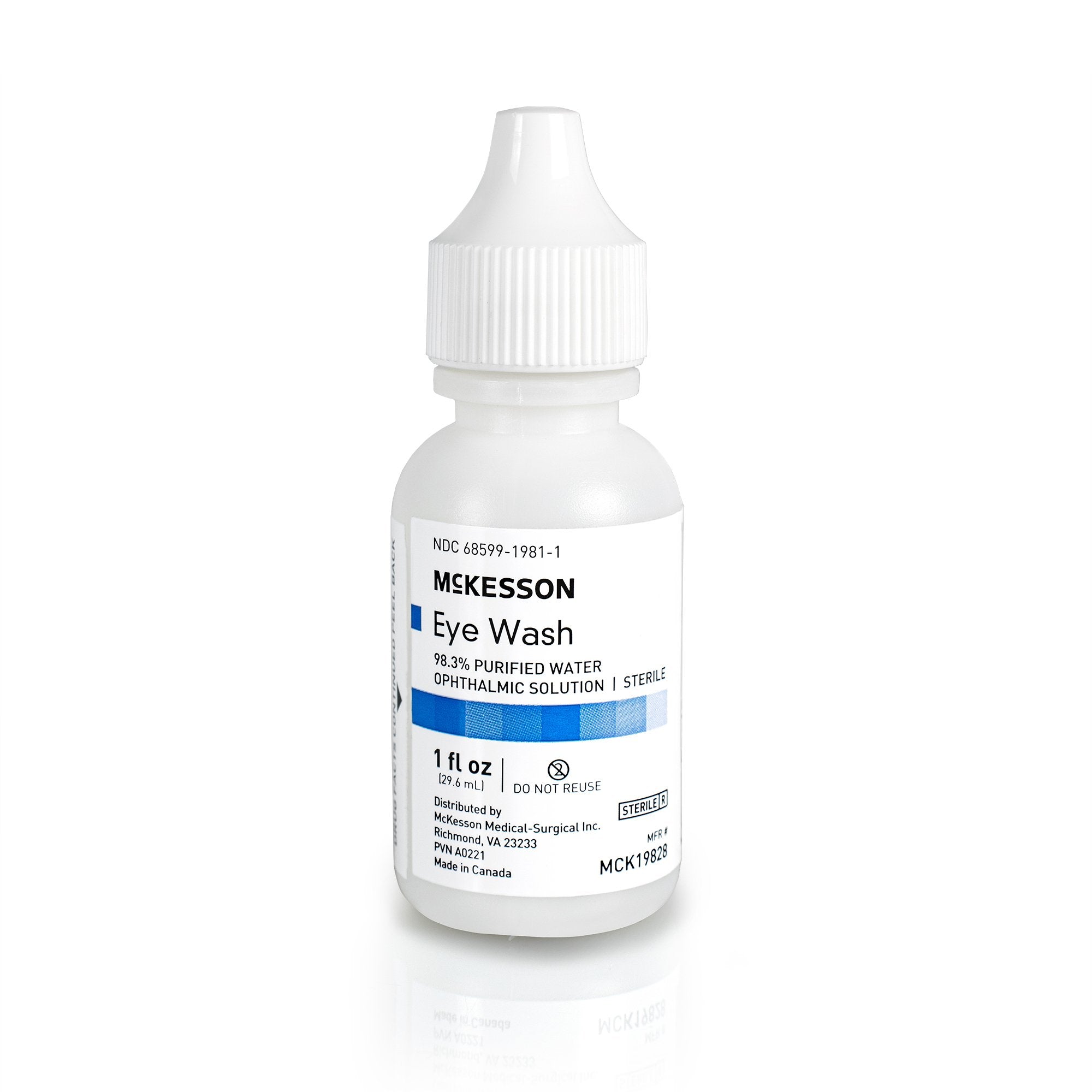 Eye Wash Solution McKesson Active ingredient: 98.3% Purified Water Inactive ingredients: boric acid, sodium borate, sodium chloride 1 oz. Squeeze Bottle, Packaging Type- Each