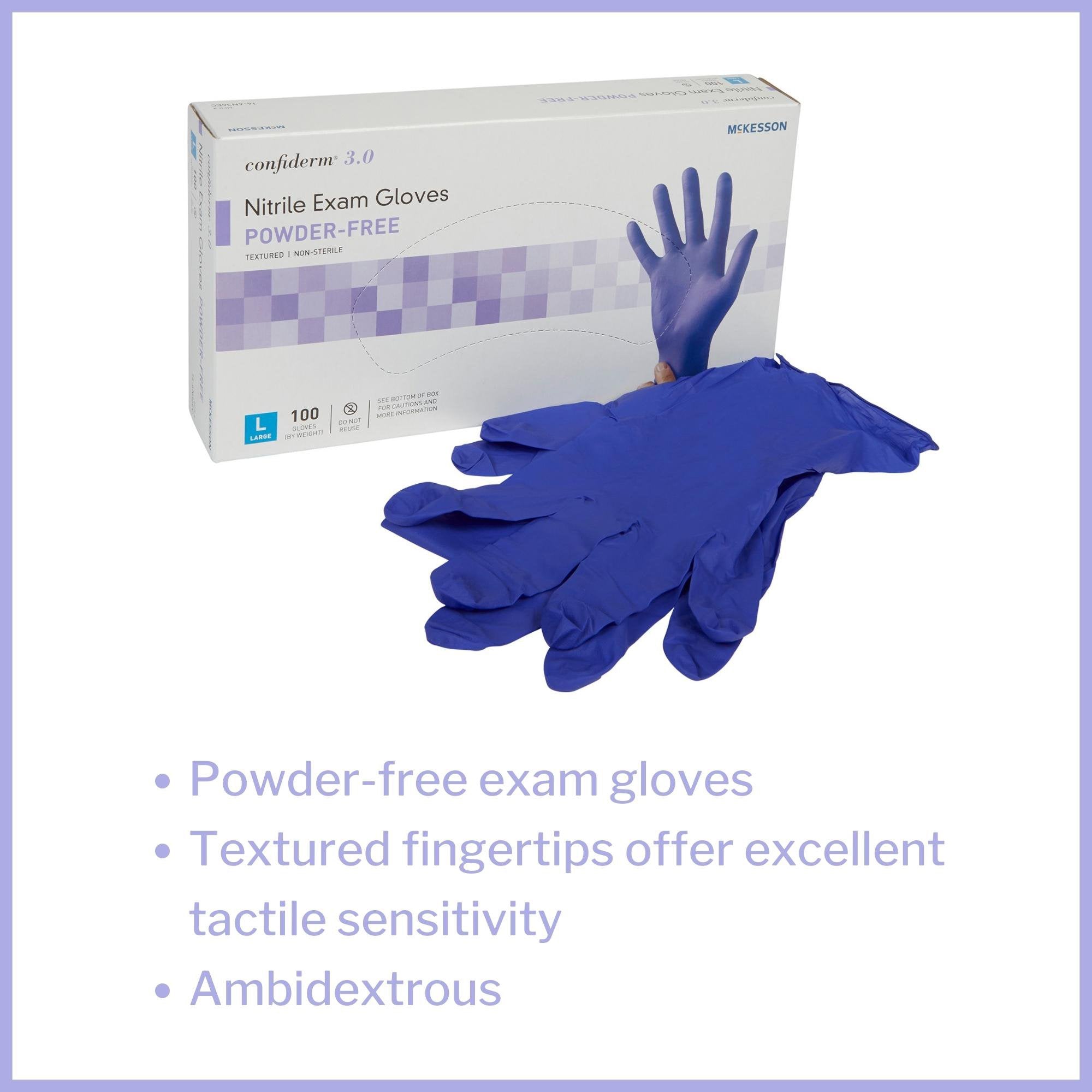 exam glove mckesson confiderm 3 0 large nonsterile nitrile standard cuff length textured fingertips blue not rated packaging type box
