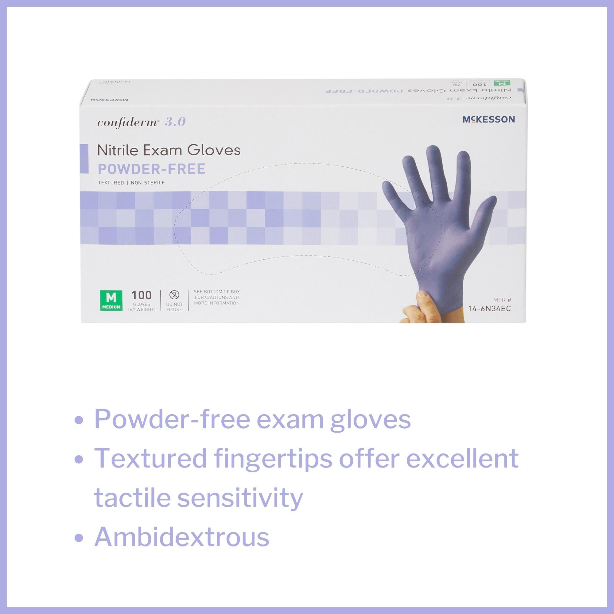 exam glove mckesson confiderm 3 0 medium nonsterile nitrile standard cuff length textured fingertips blue not rated packaging type box