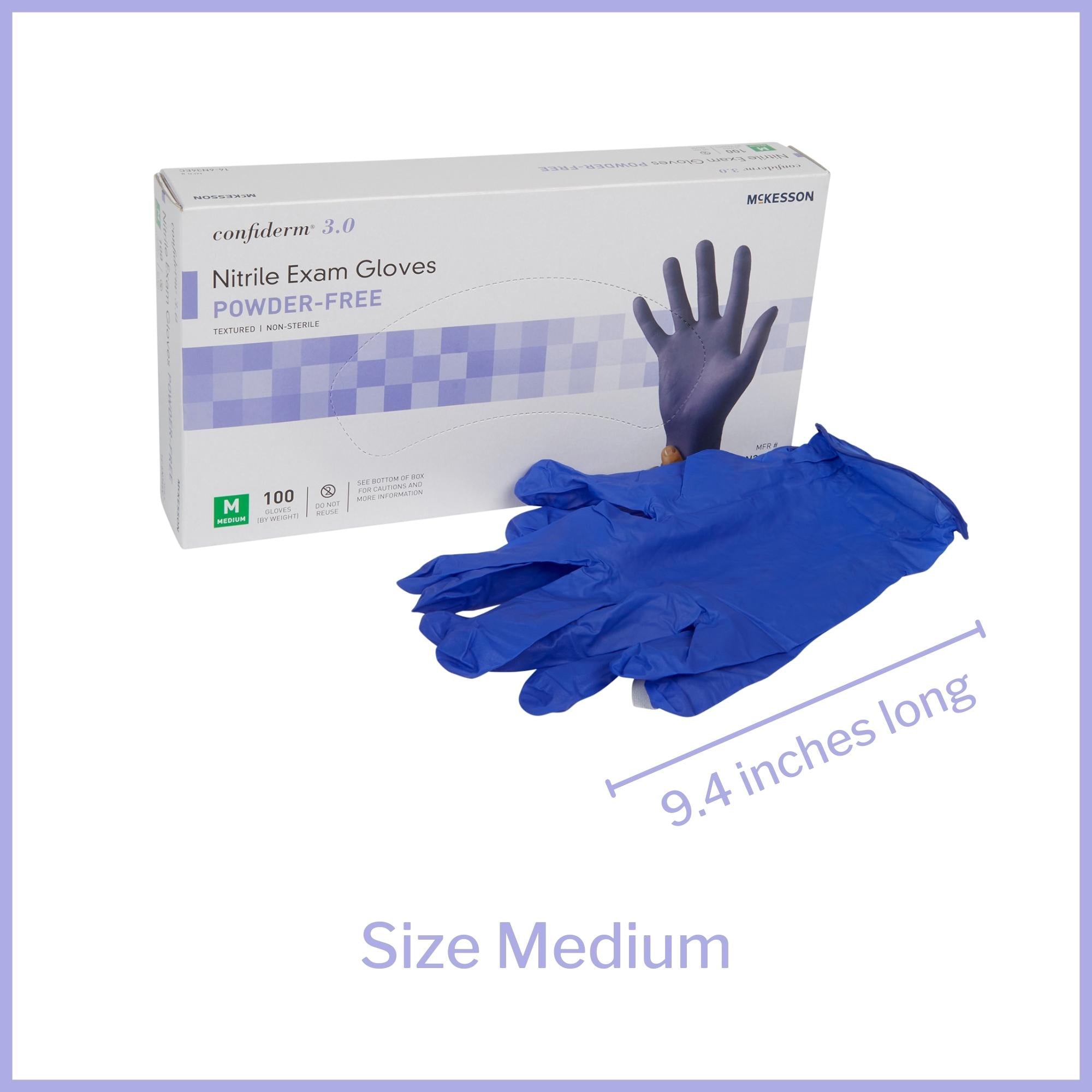 exam glove mckesson confiderm 3 0 medium nonsterile nitrile standard cuff length textured fingertips blue not rated packaging type box