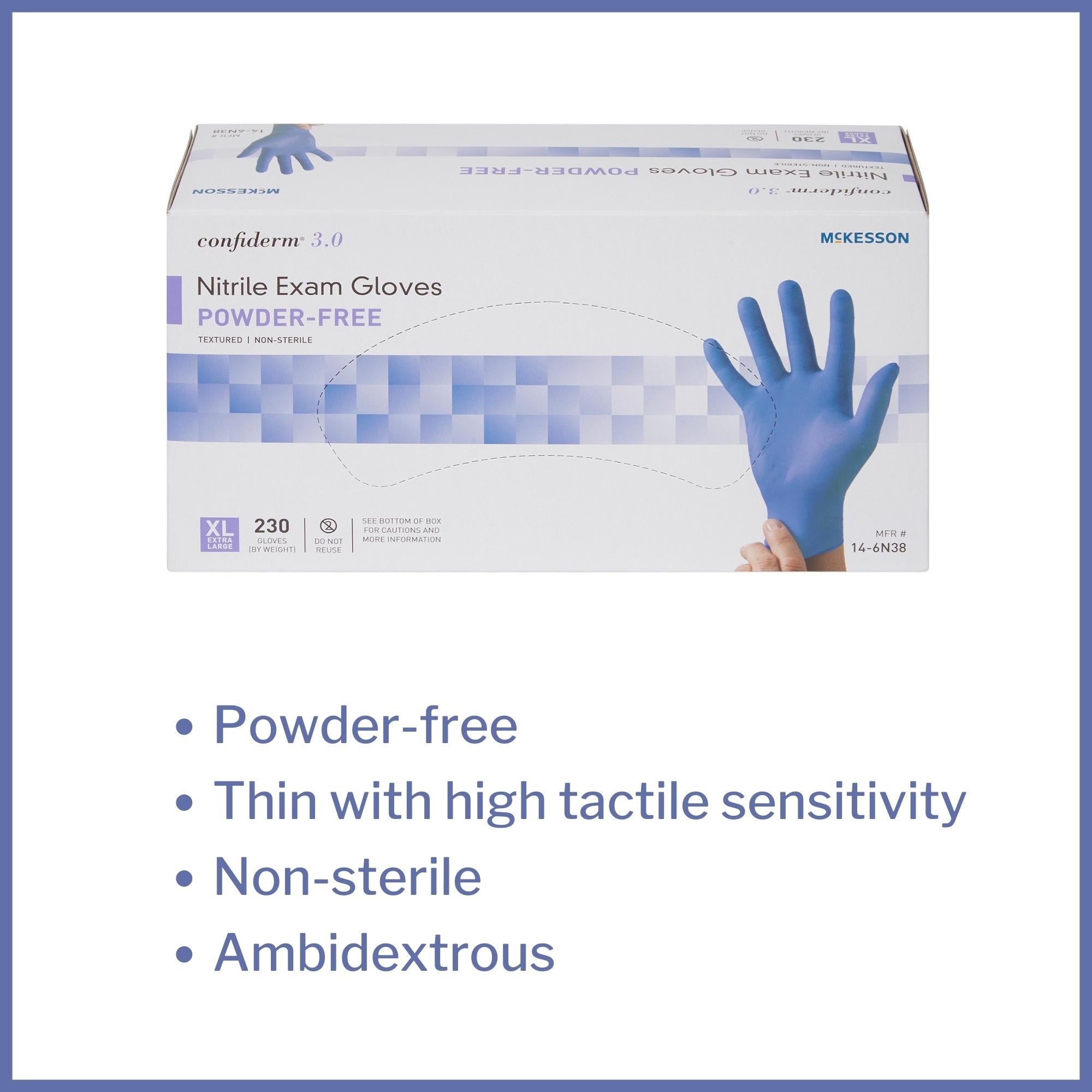 exam glove mckesson confiderm 3 0 x large nonsterile nitrile standard cuff length textured fingertips blue not rated packaging type box