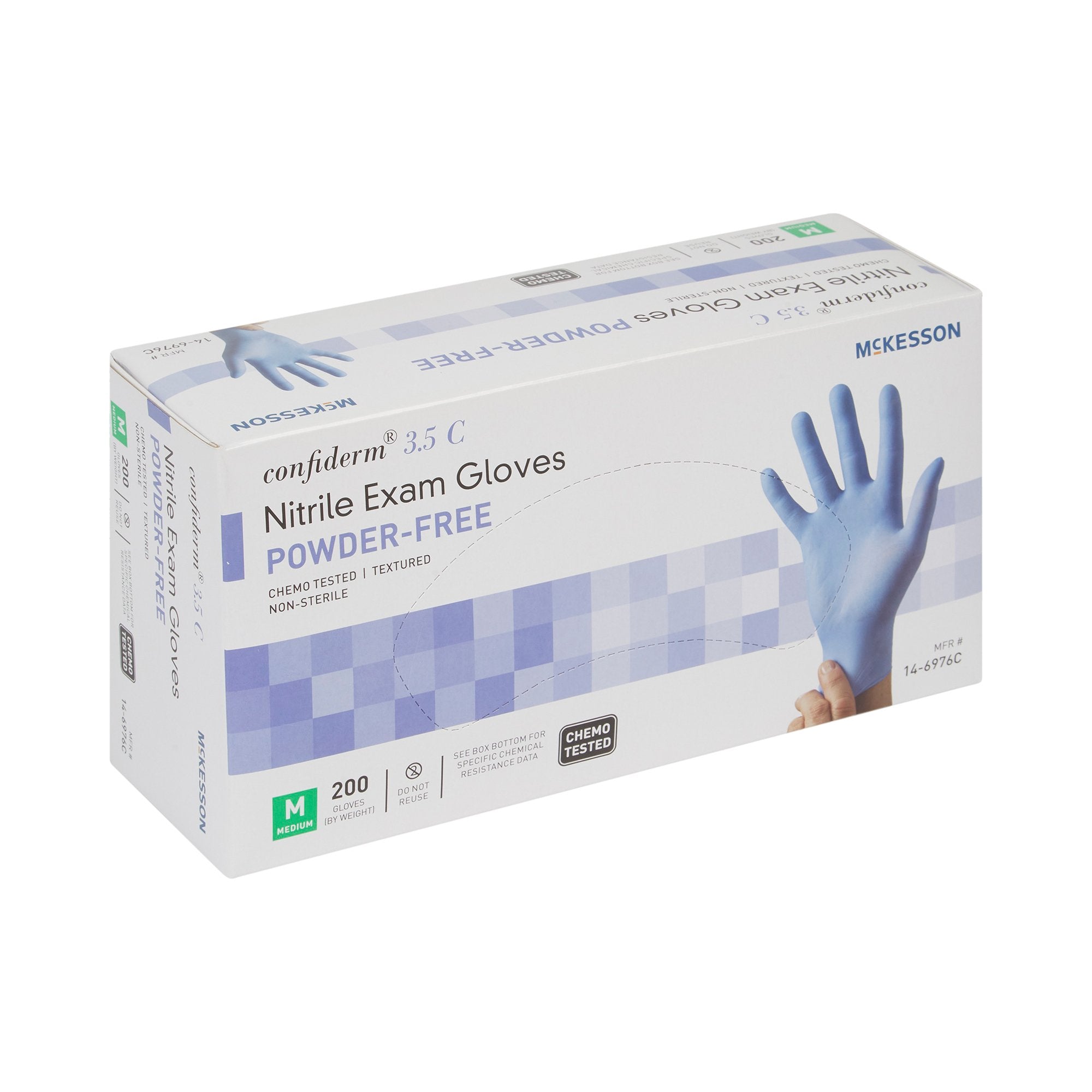 exam glove mckesson confiderm 3 5c medium nonsterile nitrile standard cuff length textured fingertips blue chemo tested packaging type box