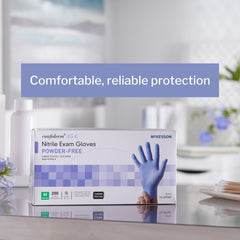 exam glove mckesson confiderm 3 5c medium nonsterile nitrile standard cuff length textured fingertips blue chemo tested packaging type box