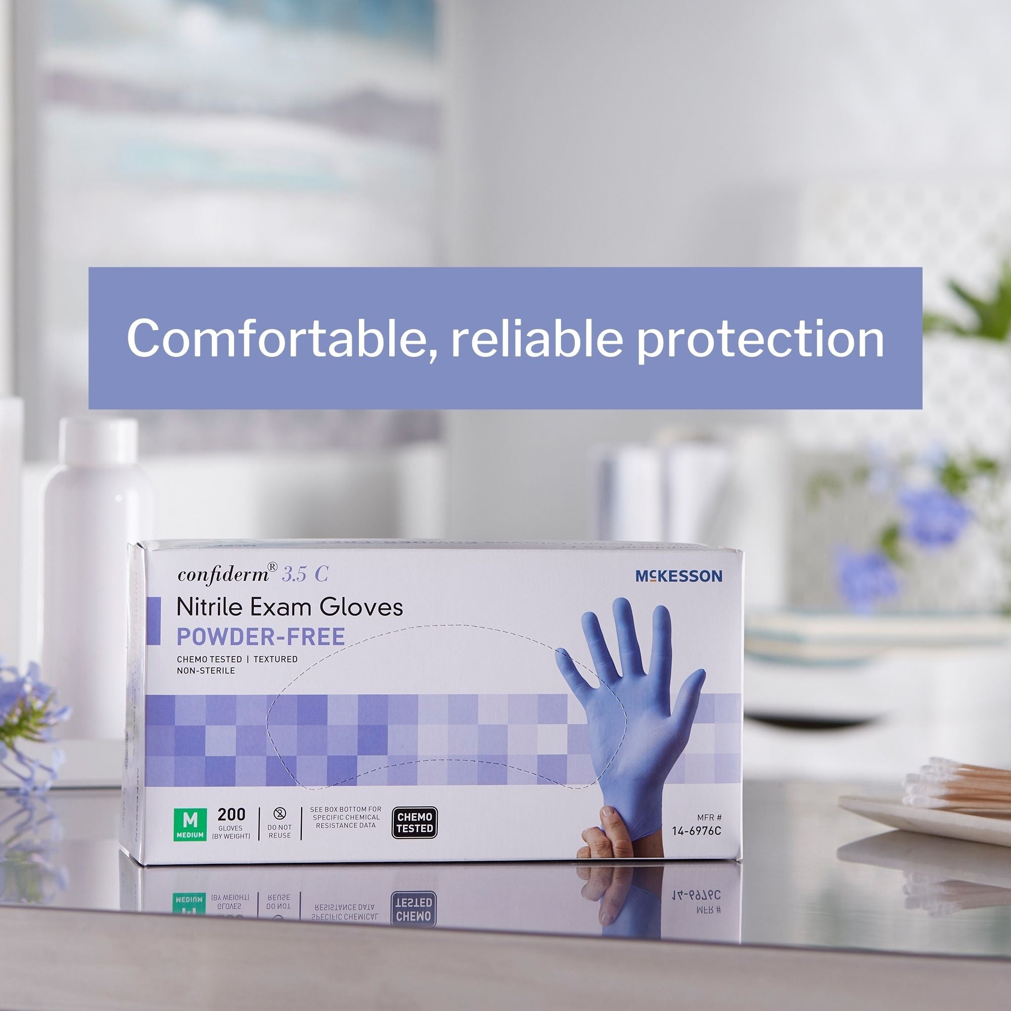 exam glove mckesson confiderm 3 5c medium nonsterile nitrile standard cuff length textured fingertips blue chemo tested packaging type box