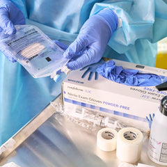 exam glove mckesson confiderm 3 5c medium nonsterile nitrile standard cuff length textured fingertips blue chemo tested packaging type box