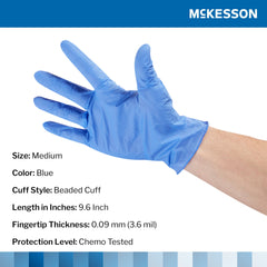 exam glove mckesson confiderm 3 5c medium nonsterile nitrile standard cuff length textured fingertips blue chemo tested packaging type box
