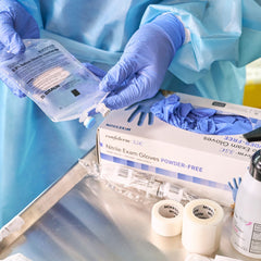 exam glove mckesson confiderm 3 5c small nonsterile nitrile standard cuff length textured fingertips blue chemo tested packaging type box