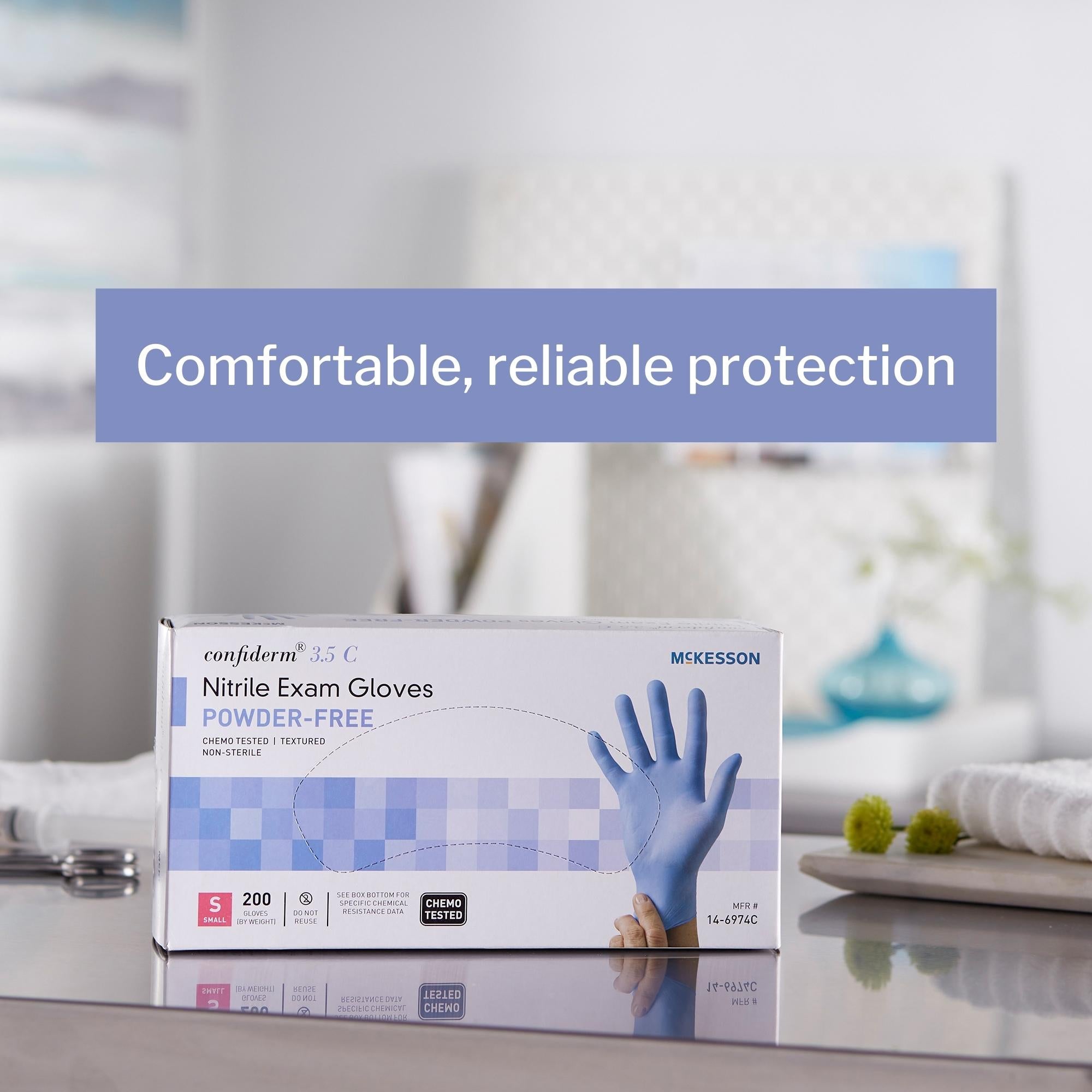 exam glove mckesson confiderm 3 5c small nonsterile nitrile standard cuff length textured fingertips blue chemo tested packaging type box