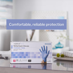 exam glove mckesson confiderm 3 5c small nonsterile nitrile standard cuff length textured fingertips blue chemo tested packaging type box