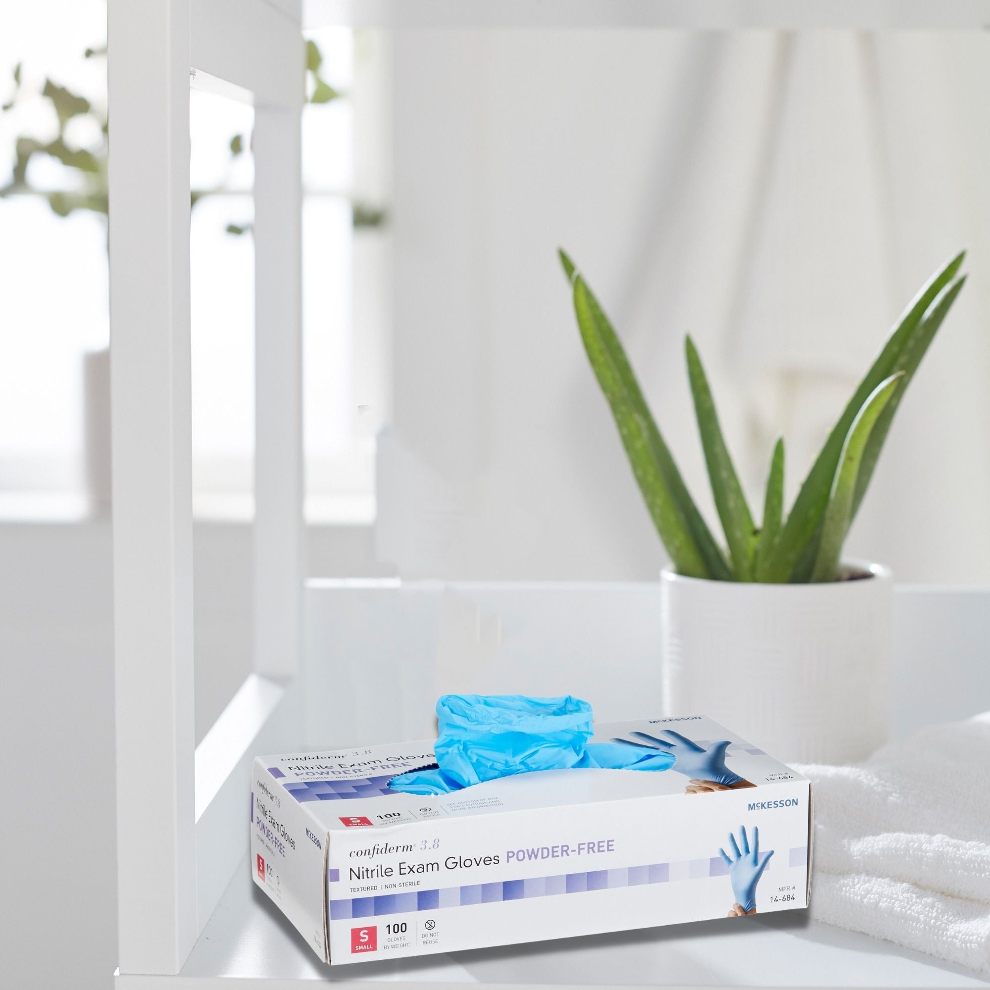 exam glove mckesson confiderm 3 8 small nonsterile nitrile standard cuff length textured fingertips blue not rated packaging type box
