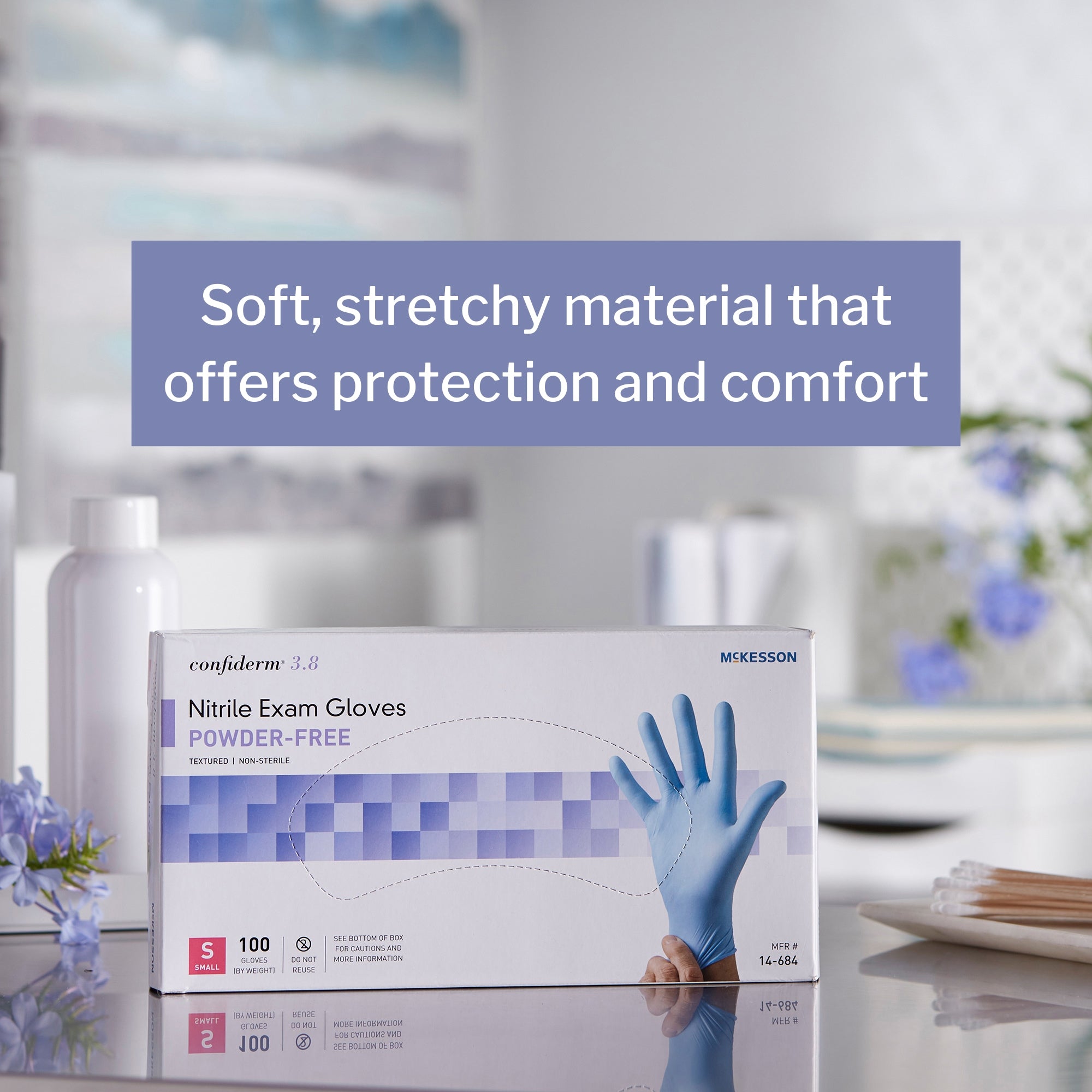 exam glove mckesson confiderm 3 8 small nonsterile nitrile standard cuff length textured fingertips blue not rated packaging type box