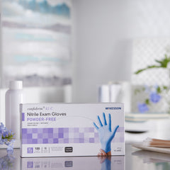 exam glove mckesson confiderm 4 5c x large nonsterile nitrile standard cuff length textured fingertips blue chemo tested packaging type box