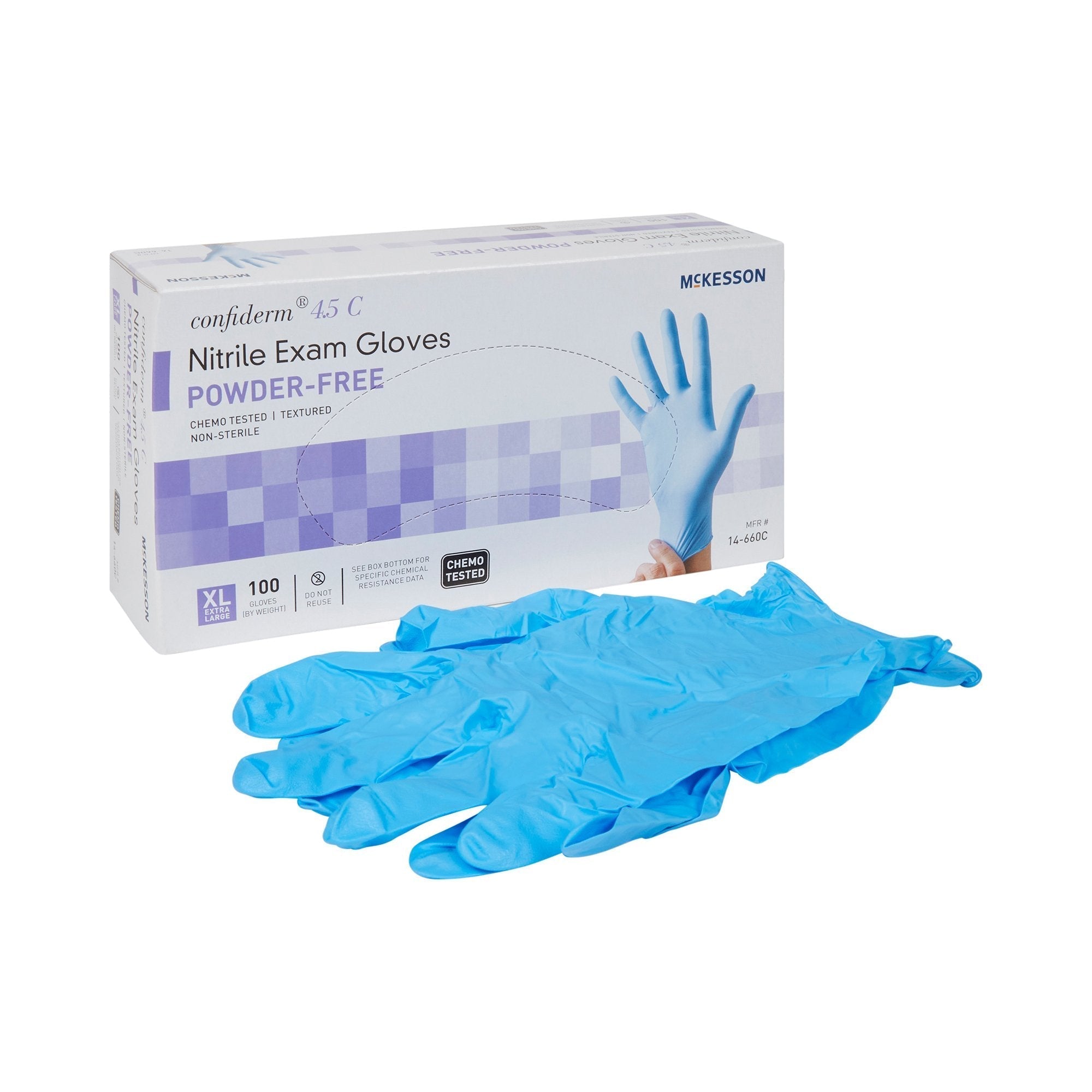 exam glove mckesson confiderm 4 5c x large nonsterile nitrile standard cuff length textured fingertips blue chemo tested packaging type box