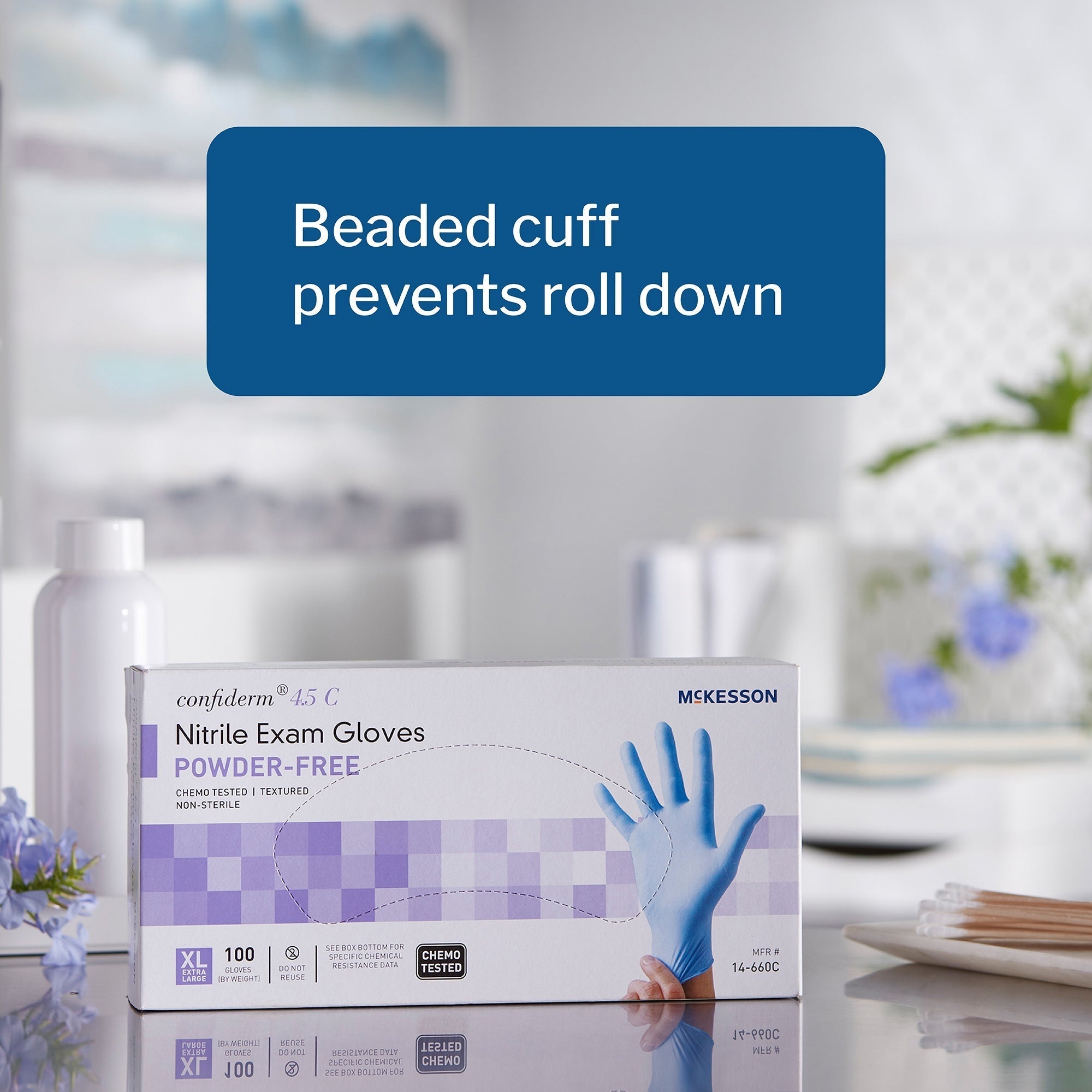 exam glove mckesson confiderm 4 5c x large nonsterile nitrile standard cuff length textured fingertips blue chemo tested packaging type box