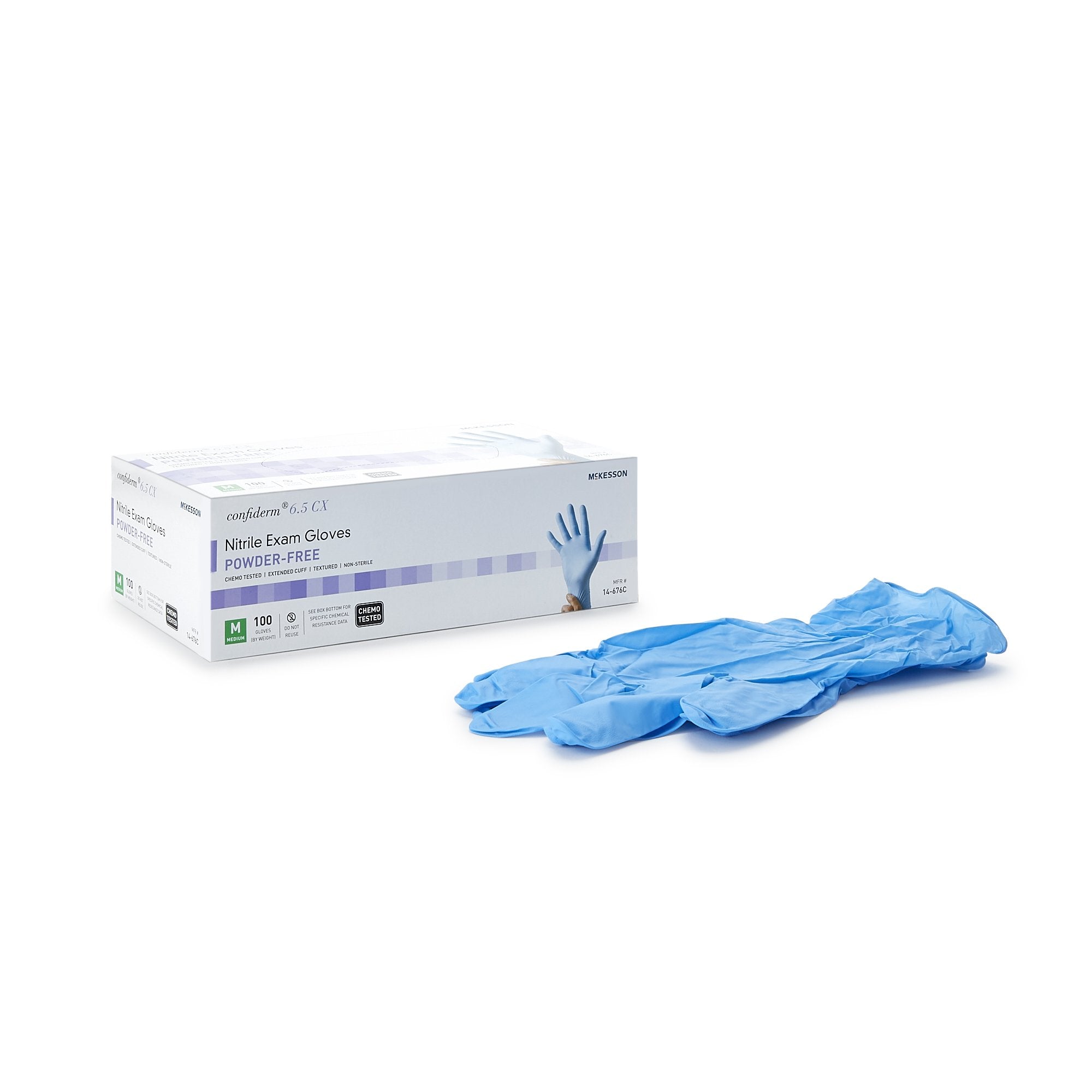 exam glove mckesson confiderm 6 5cx medium nonsterile nitrile extended cuff length textured fingertips blue chemo tested packaging type box