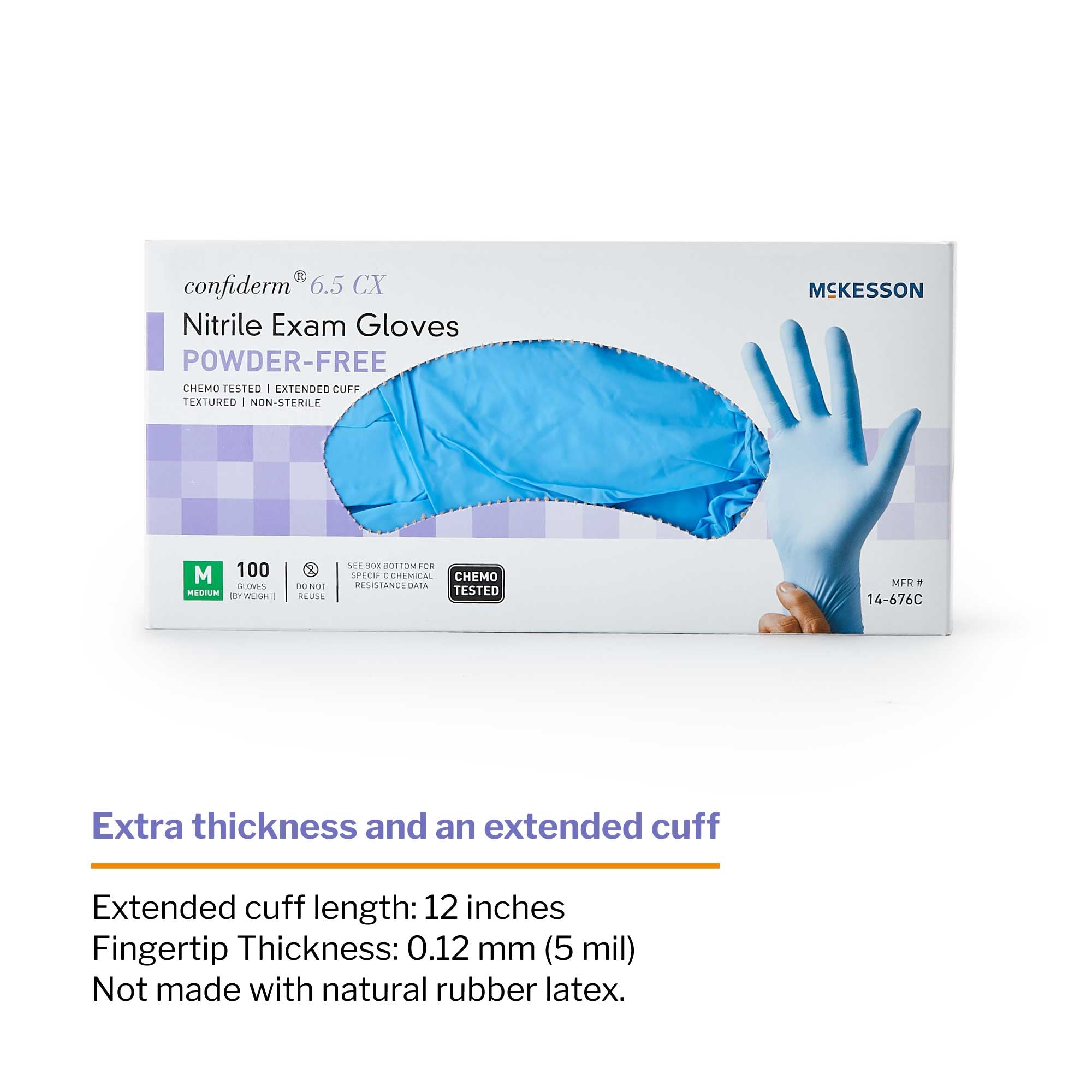 exam glove mckesson confiderm 6 5cx medium nonsterile nitrile extended cuff length textured fingertips blue chemo tested packaging type box