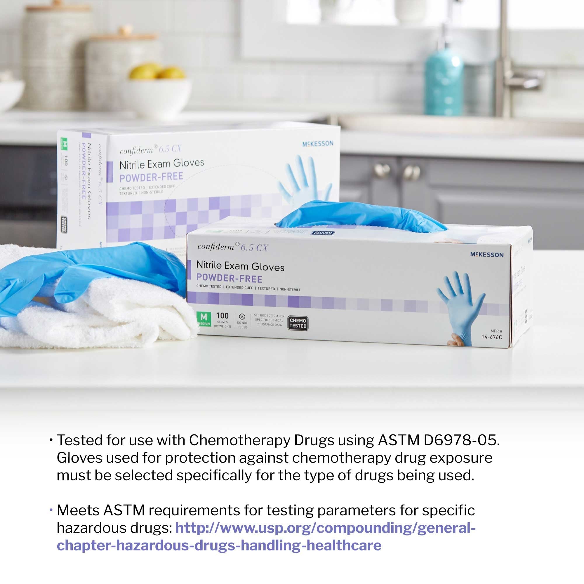exam glove mckesson confiderm 6 5cx medium nonsterile nitrile extended cuff length textured fingertips blue chemo tested packaging type box